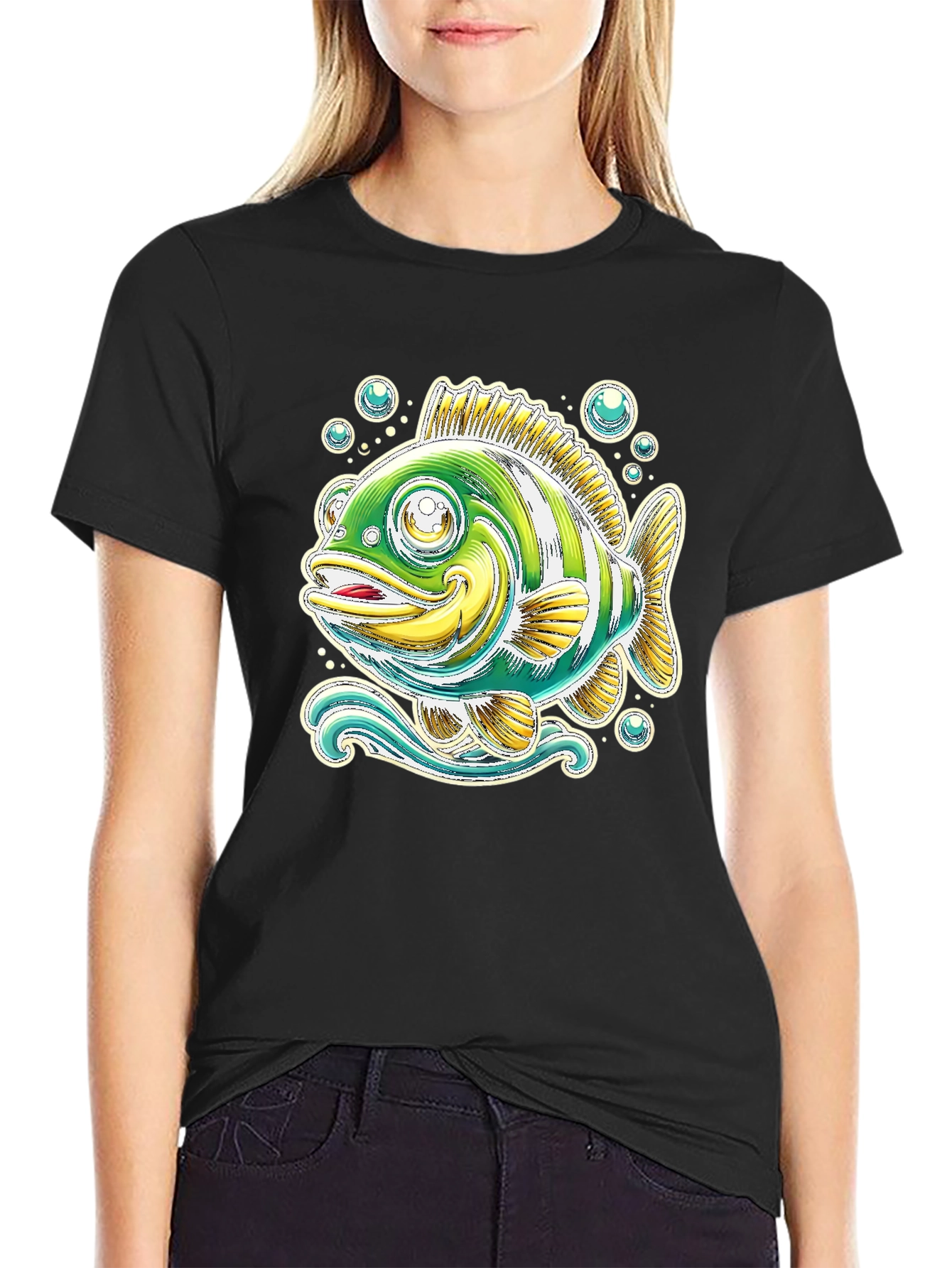Cartoon Fish Graphic Tee - Black Cotton T-Shirt