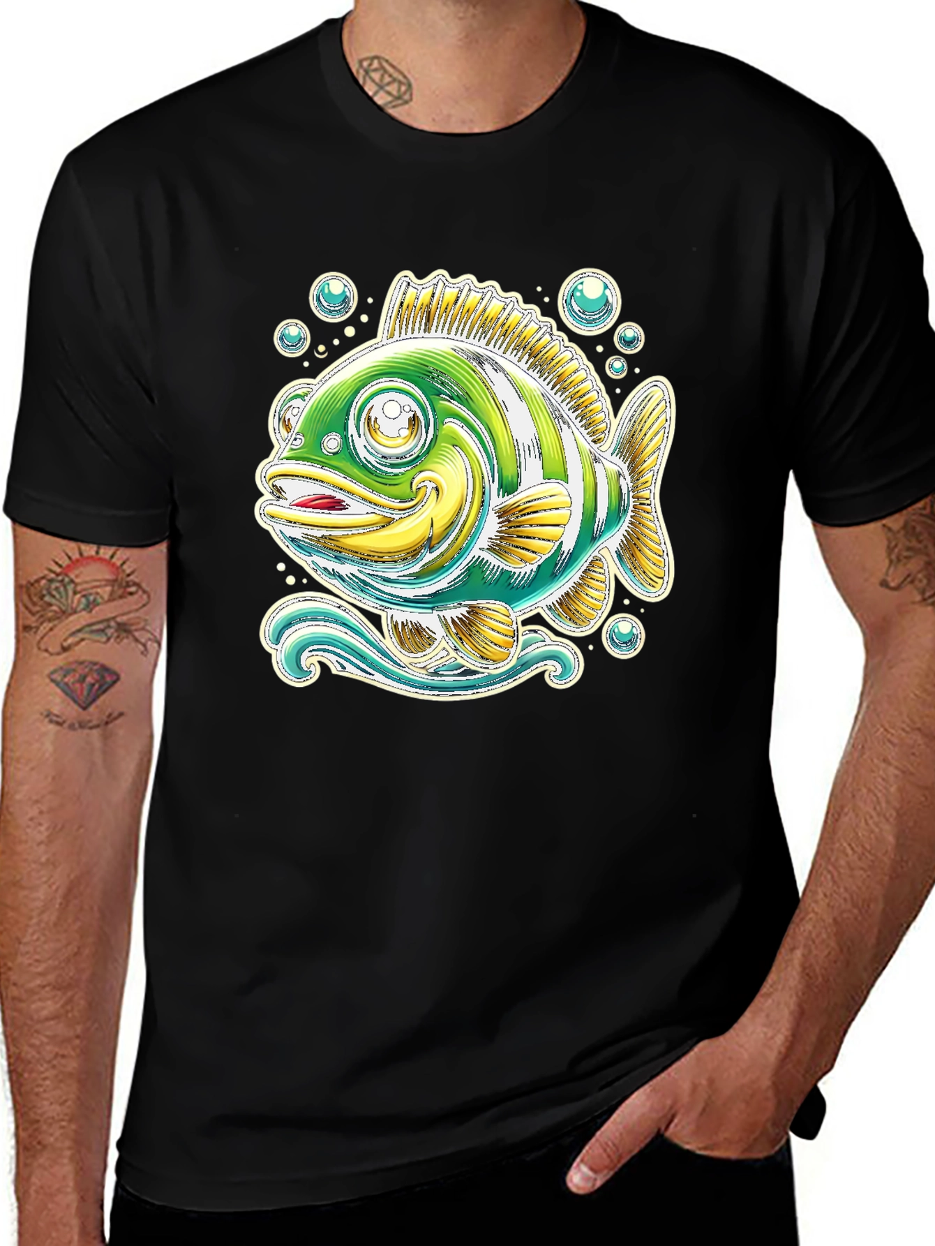 Cartoon Fish Graphic Tee - Black Cotton T-Shirt