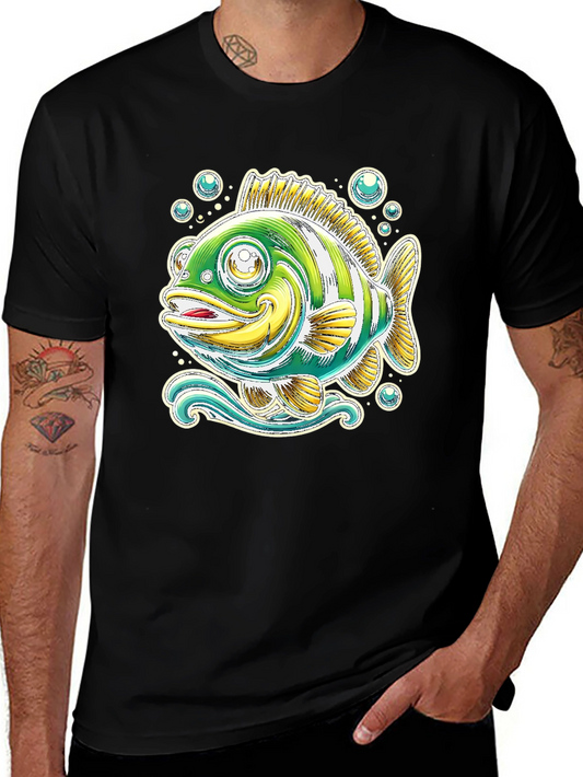 Cartoon Fish Graphic Tee - Black Cotton T-Shirt