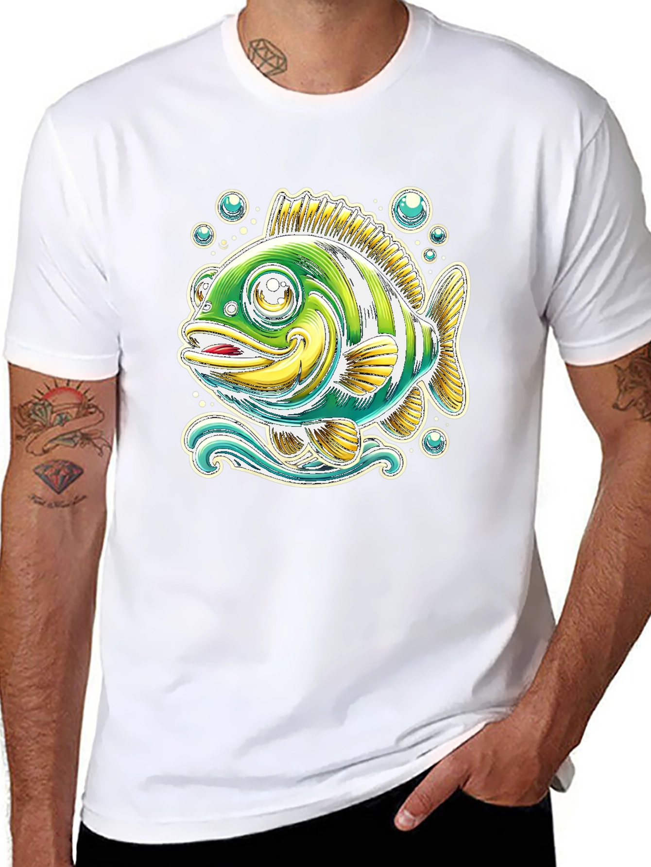 Cartoon Fish Graphic Tee - Black Cotton T-Shirt