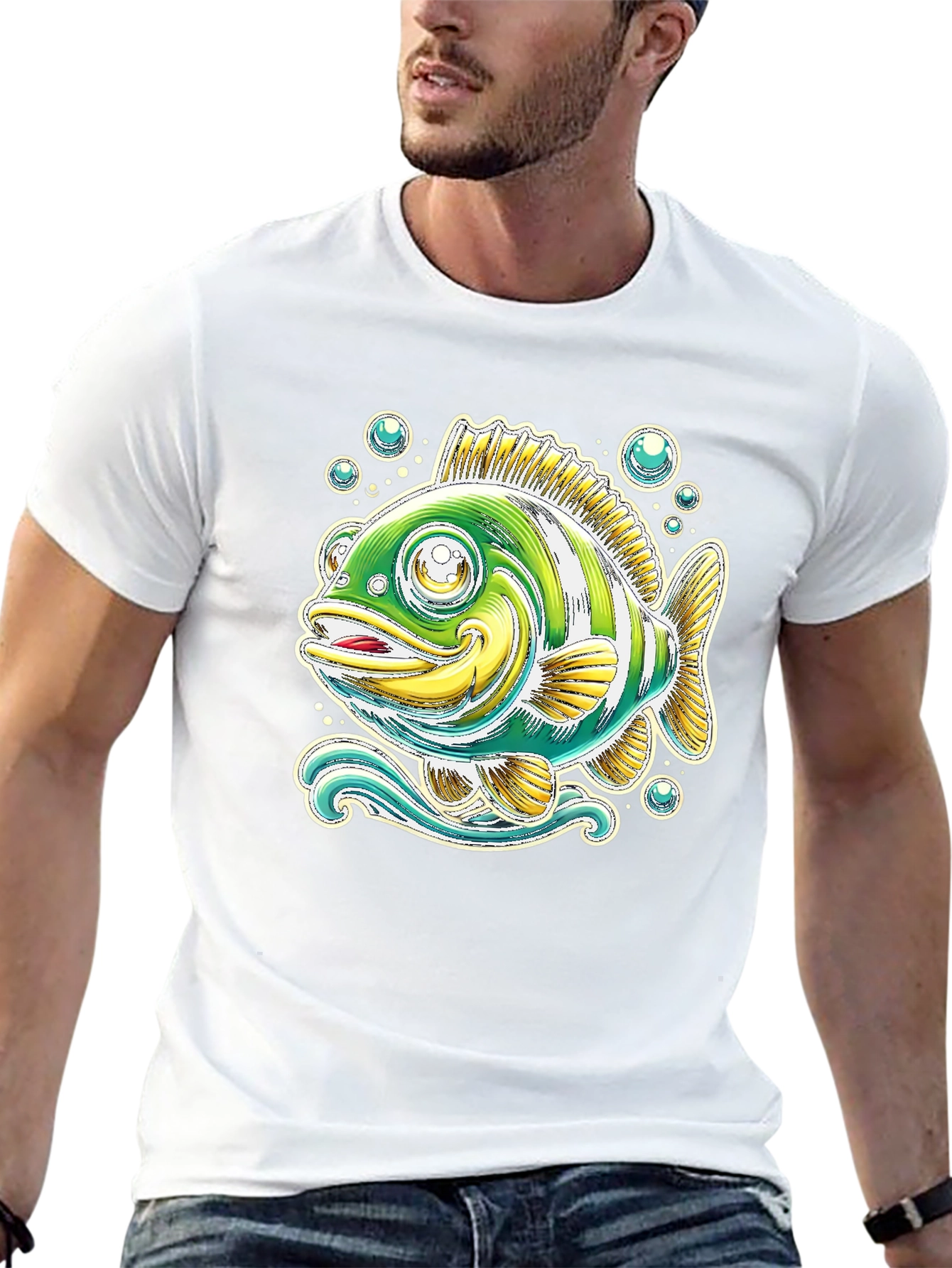 Cartoon Fish Graphic Tee - Black Cotton T-Shirt