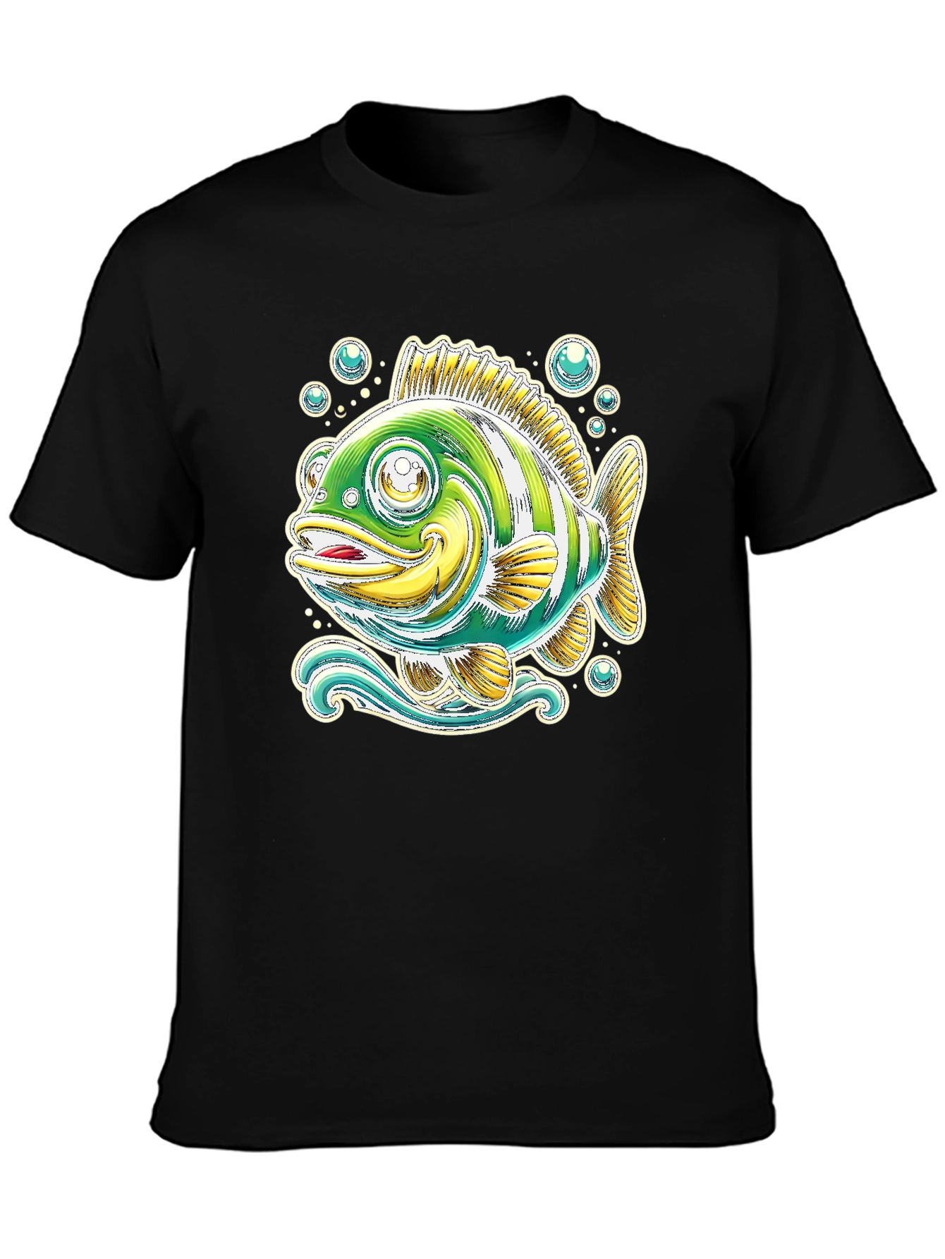 Cartoon Fish Graphic Tee - Black Cotton T-Shirt