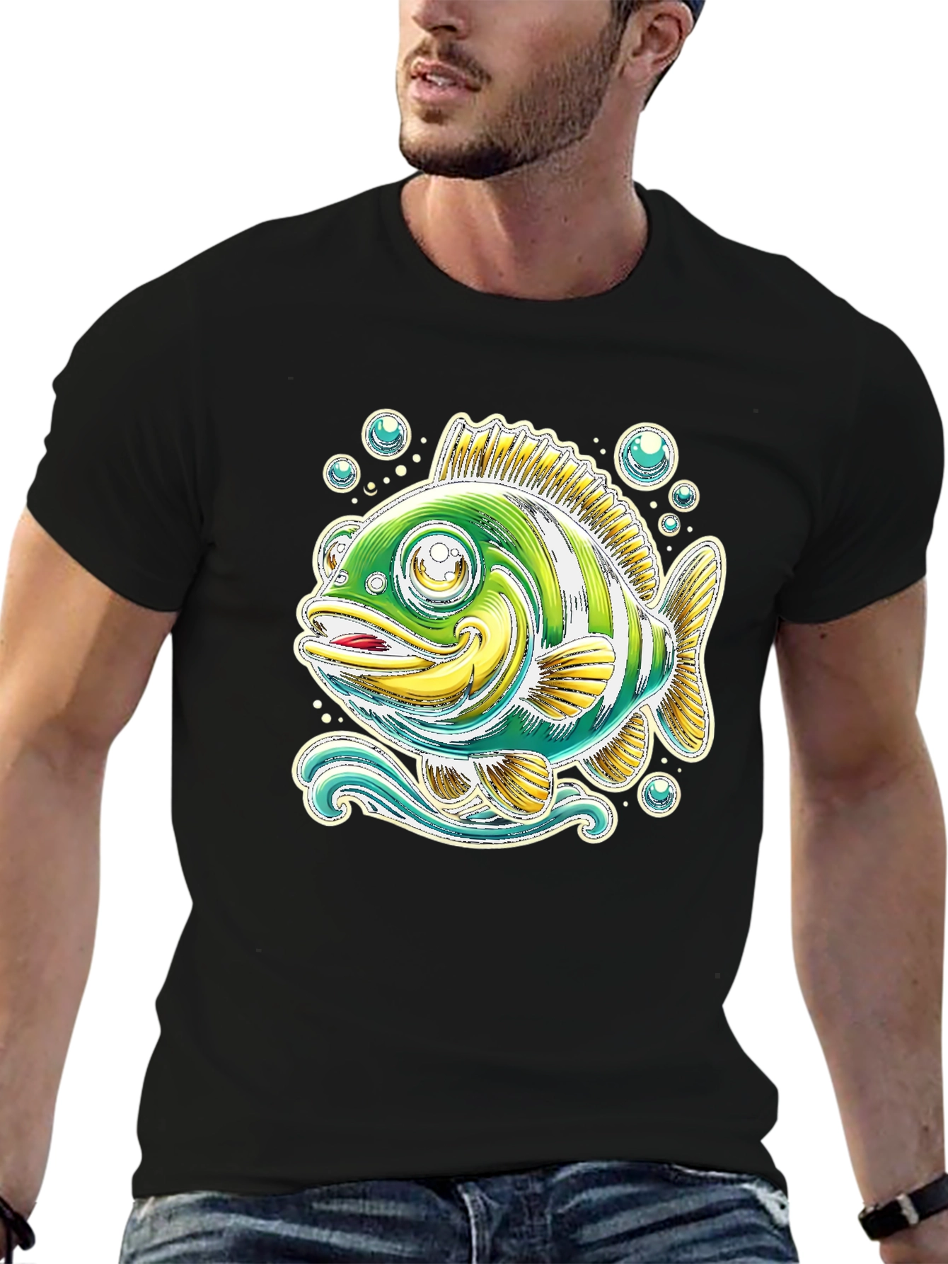 Cartoon Fish Graphic Tee - Black Cotton T-Shirt
