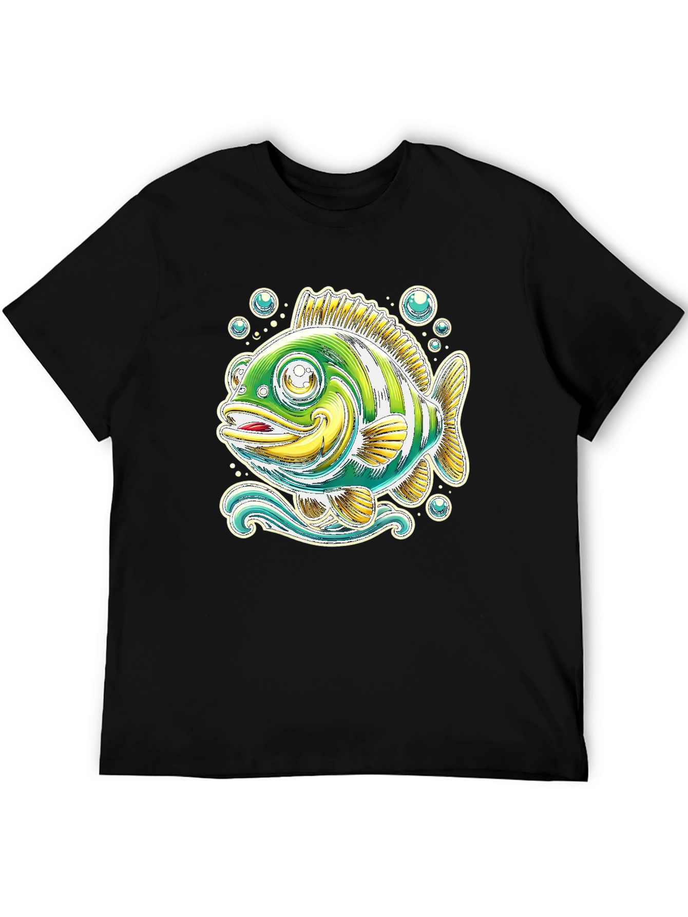 Cartoon Fish Graphic Tee - Black Cotton T-Shirt