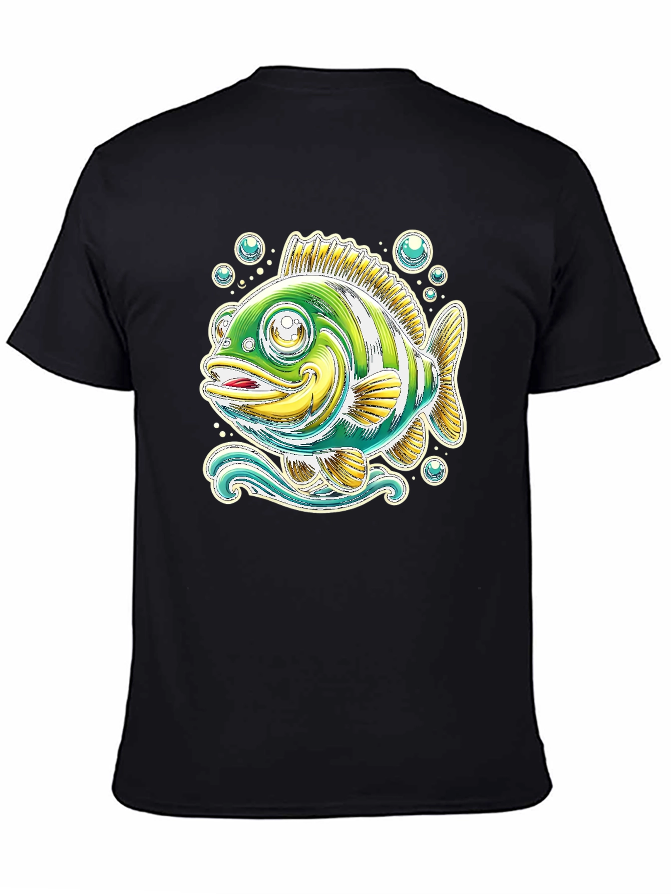 Cartoon Fish Graphic Tee - Black Cotton T-Shirt