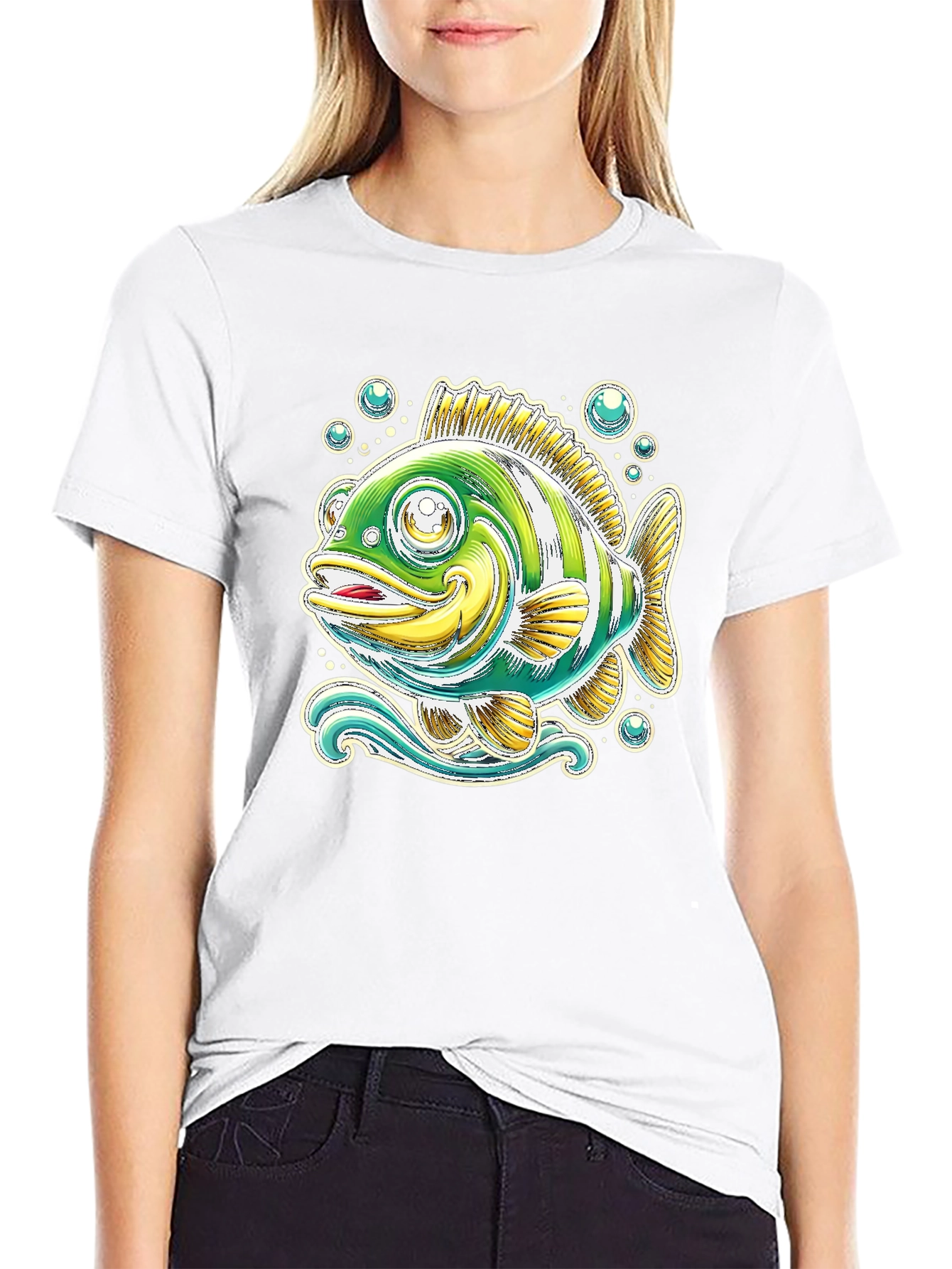 Cartoon Fish Graphic Tee - Black Cotton T-Shirt