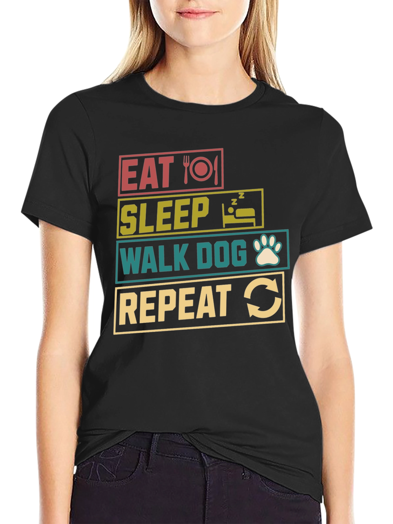 Eat Sleep Walk Dog Repeat Black T-Shirt