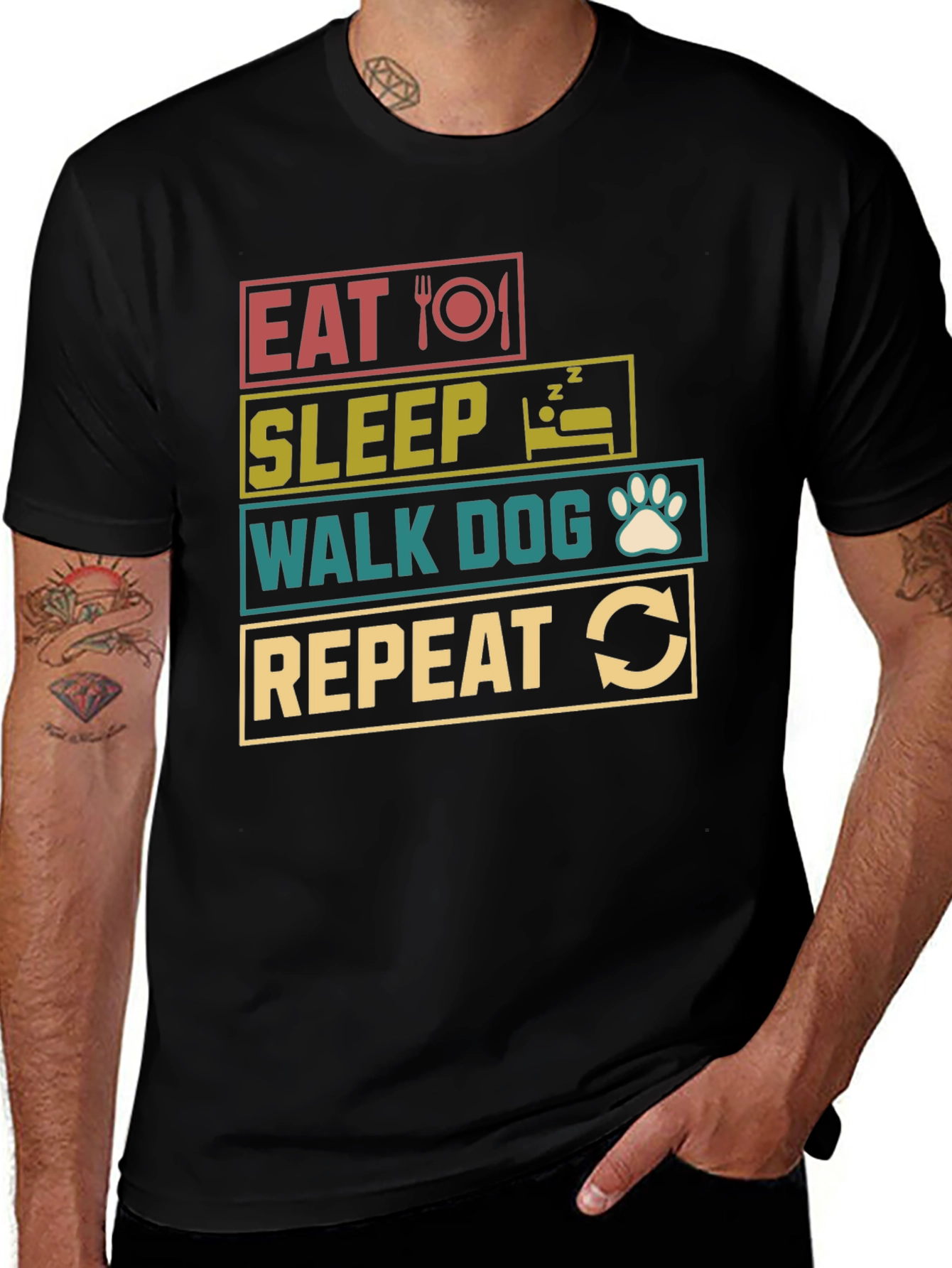 Eat Sleep Walk Dog Repeat Black T-Shirt