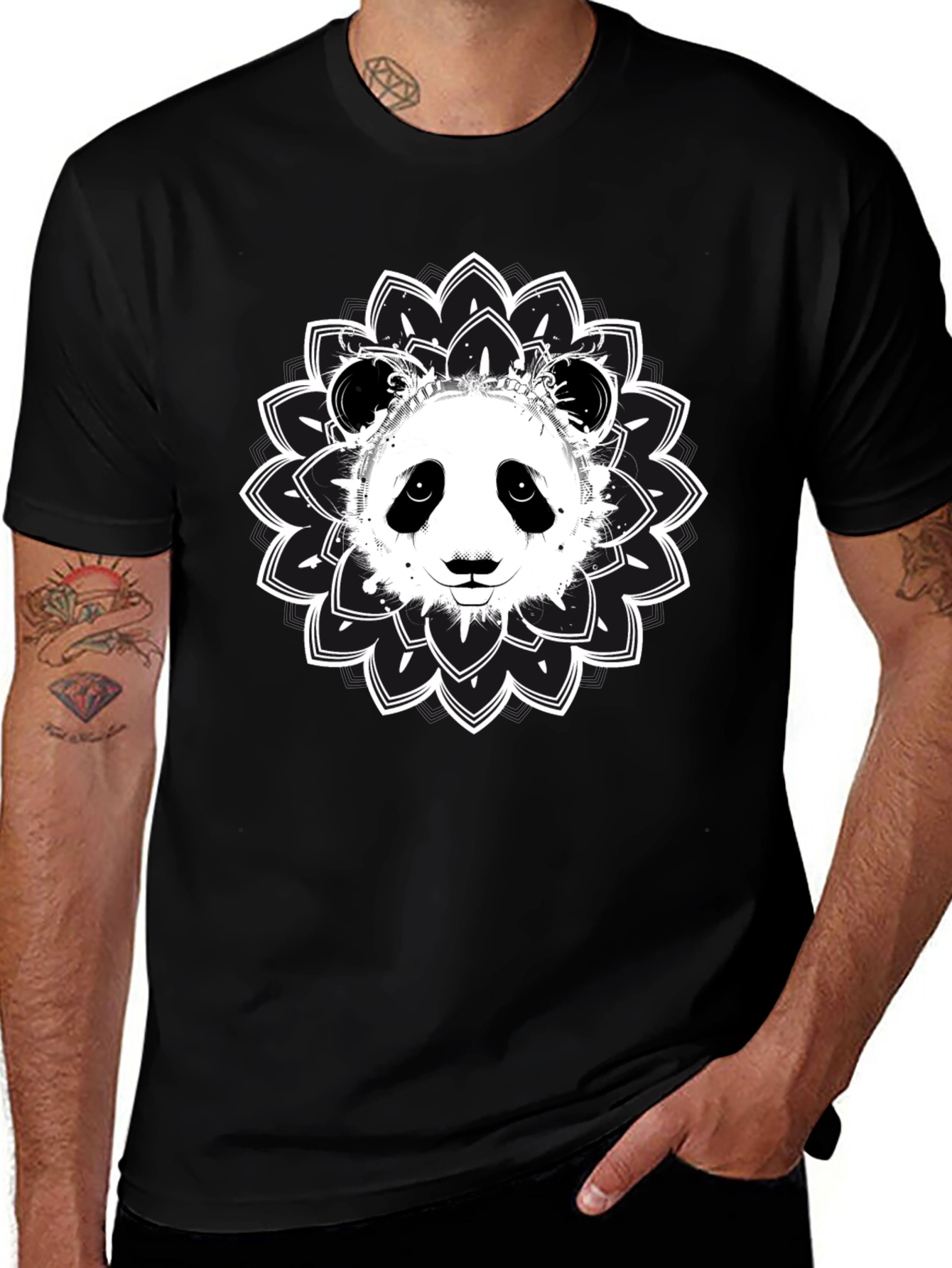 Panda Mandala Graphic Tee - Black Cotton Blend
