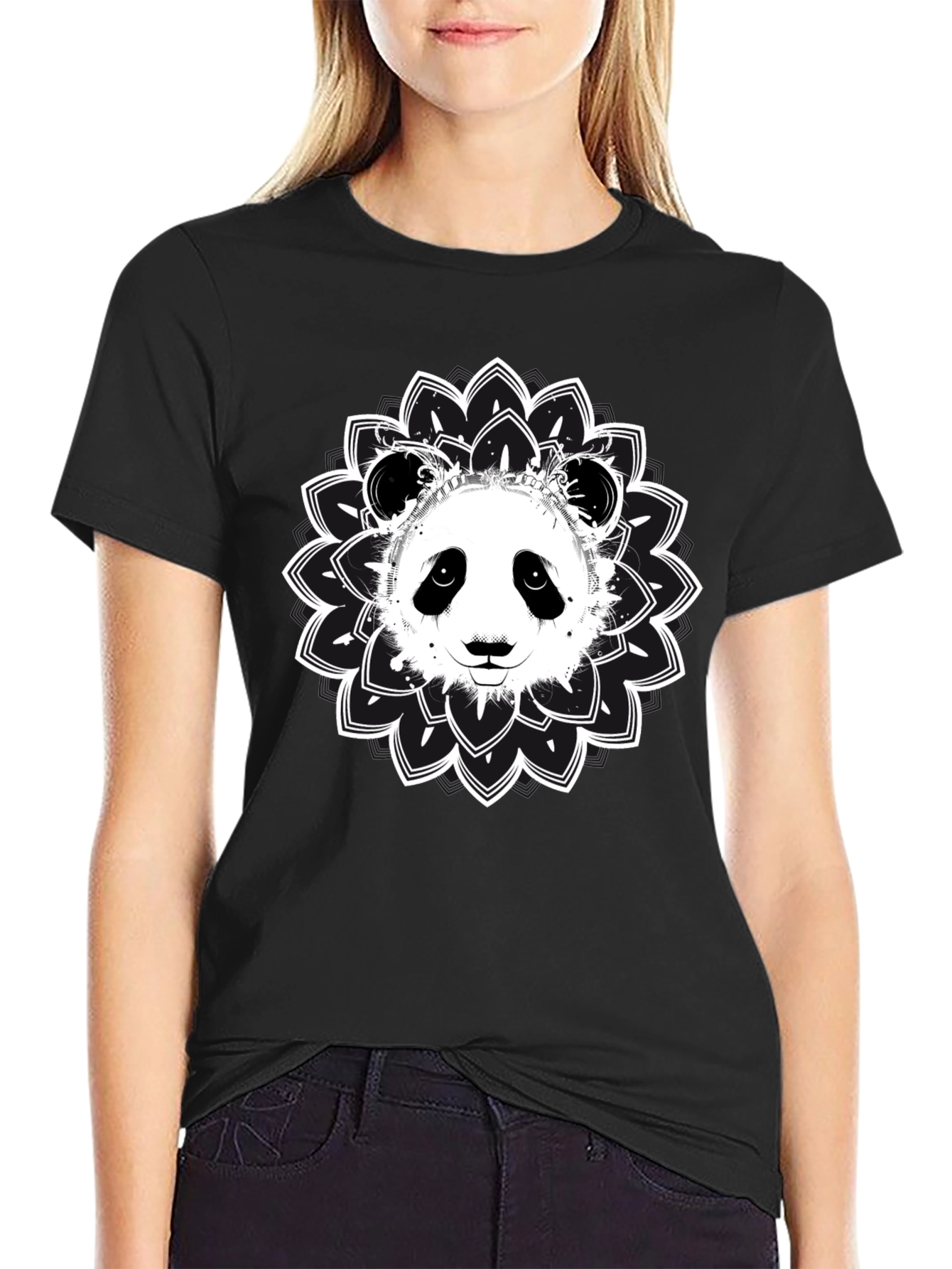 Panda Mandala Graphic Tee - Black Cotton Blend