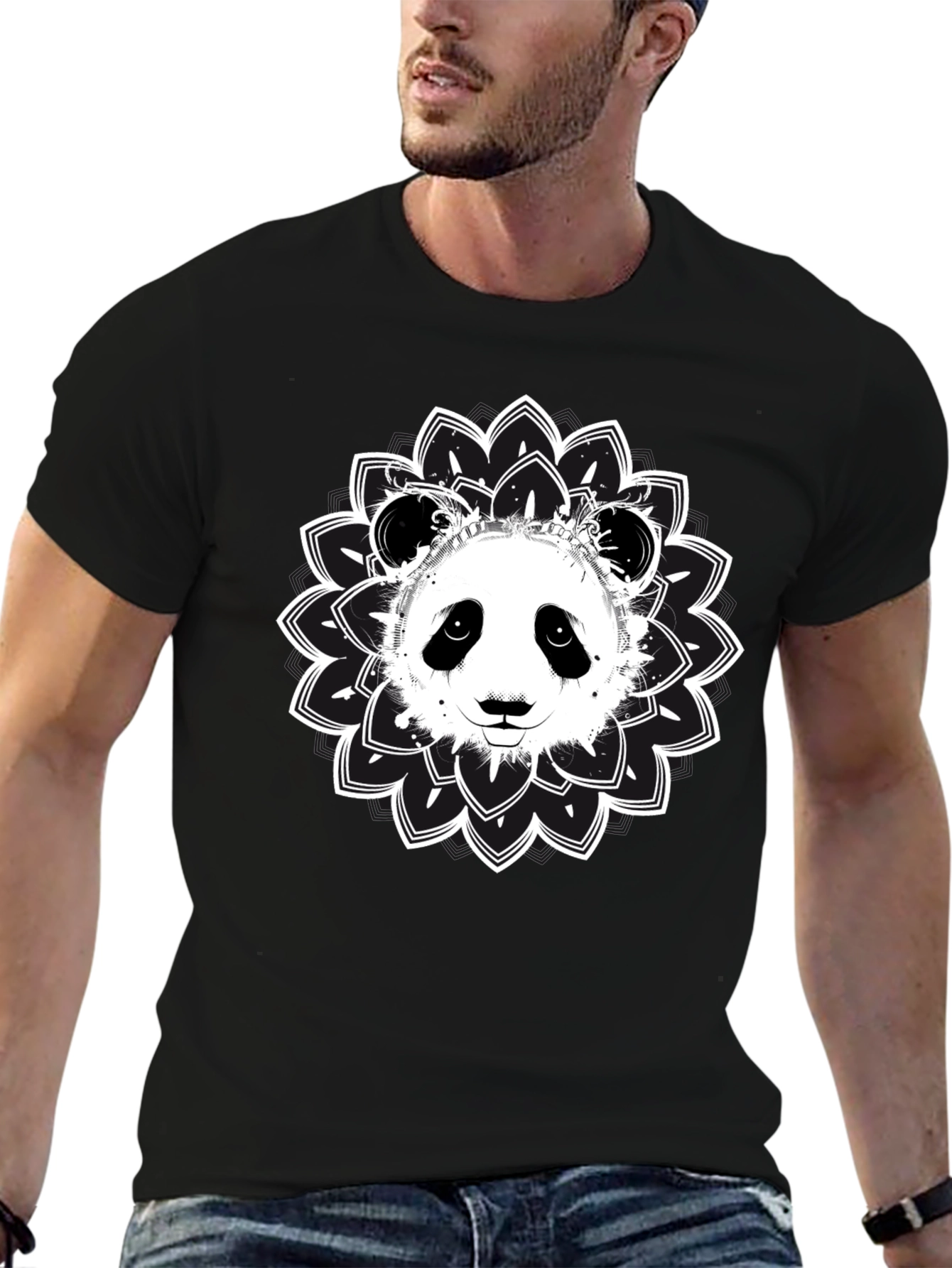 Panda Mandala Graphic Tee - Black Cotton Blend