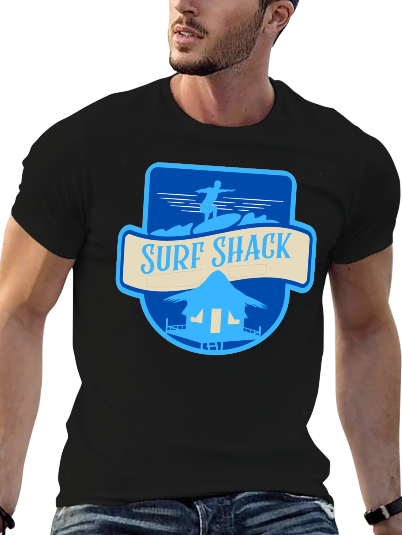 Surf Shack Graphic Tee - Black Cotton T-Shirt