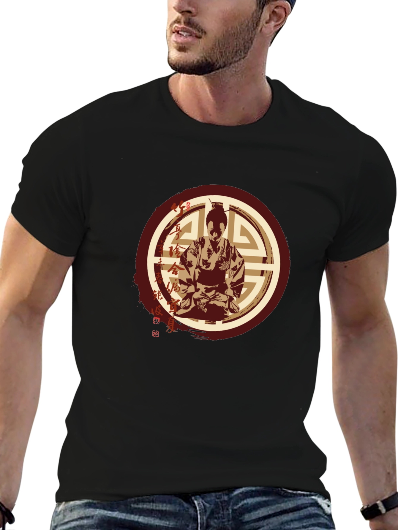 Samurai Graphic T-Shirt - Mens Black Crew Neck Tee
