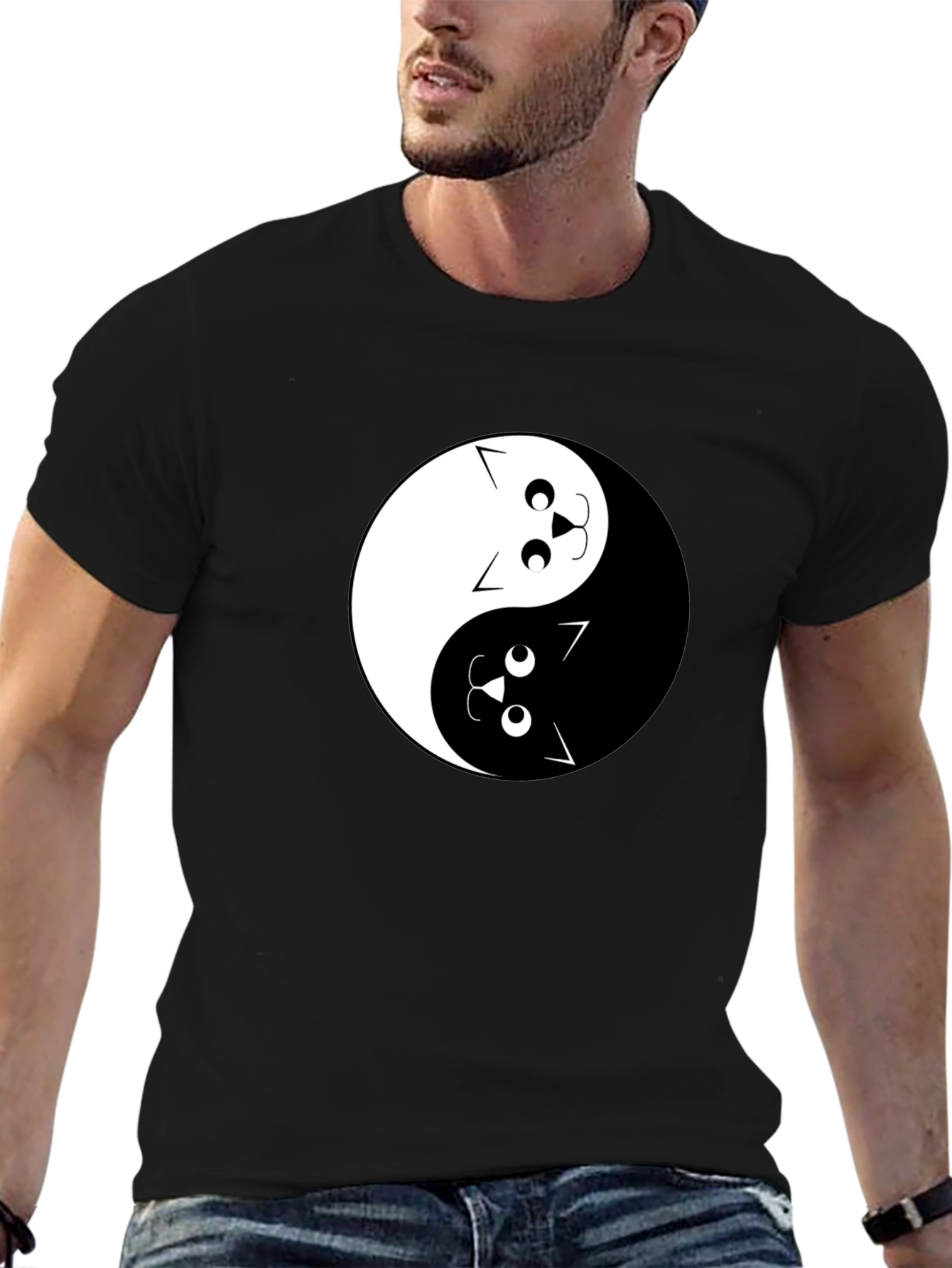 Yin Yang Cats Graphic Tee - Black Cotton T-Shirt