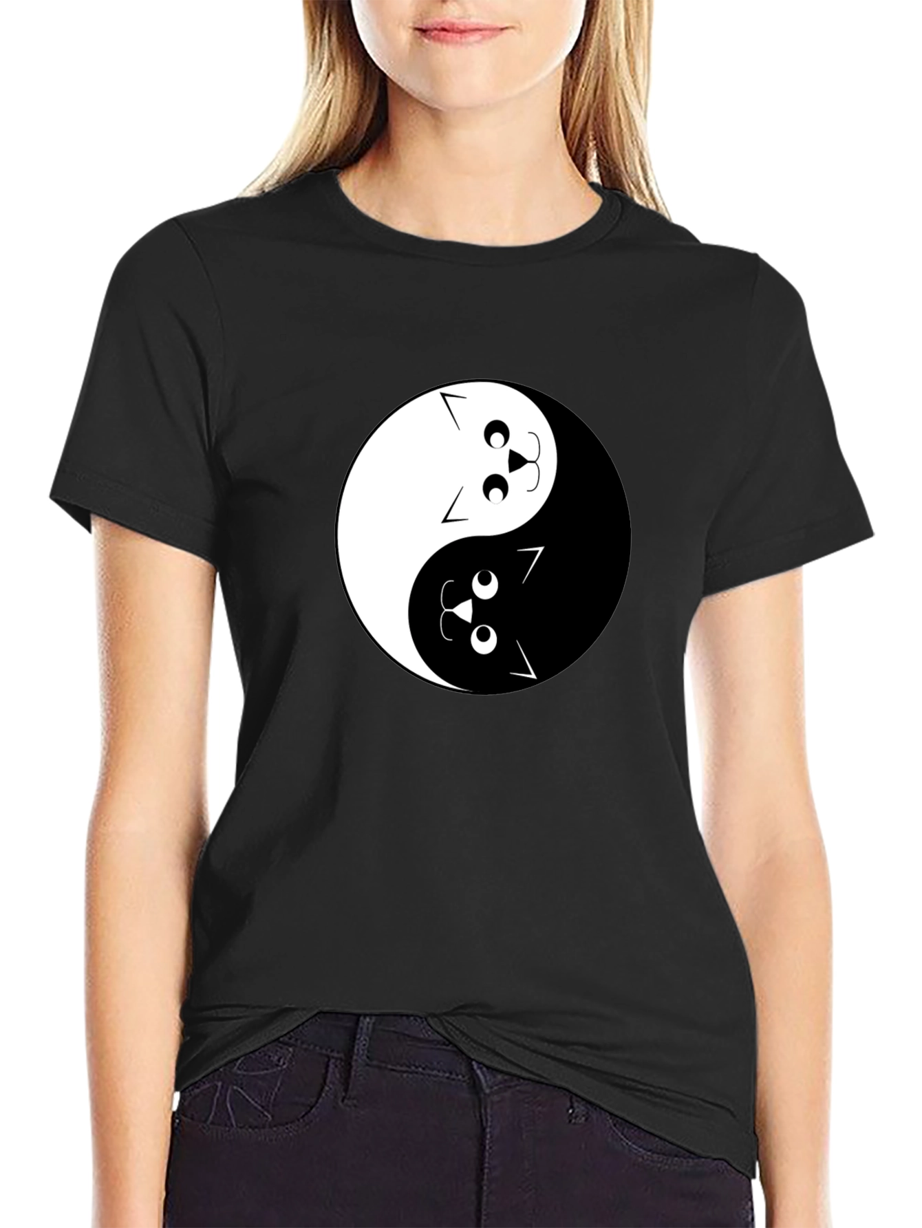 Yin Yang Cats Graphic Tee - Black Cotton T-Shirt