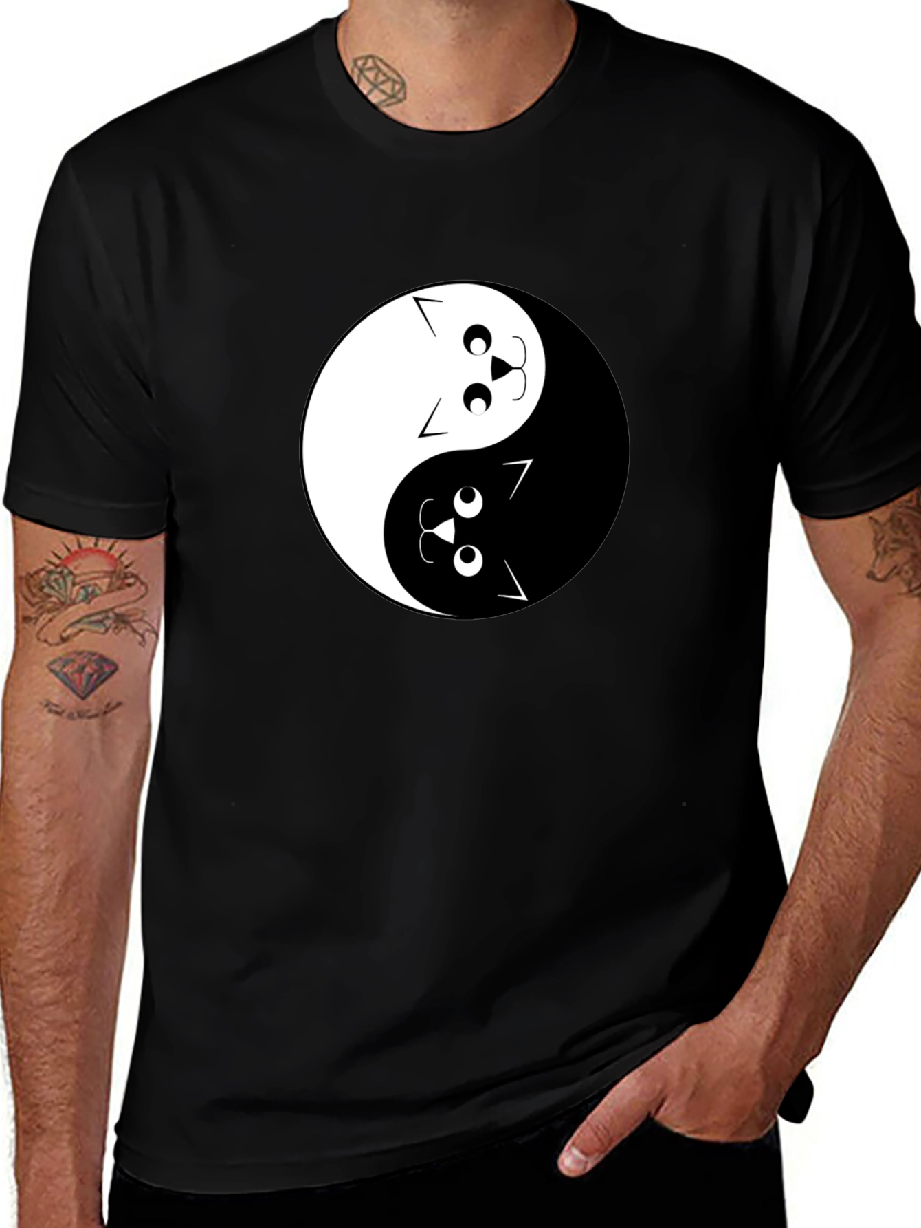 Yin Yang Cats Graphic Tee - Black Cotton T-Shirt