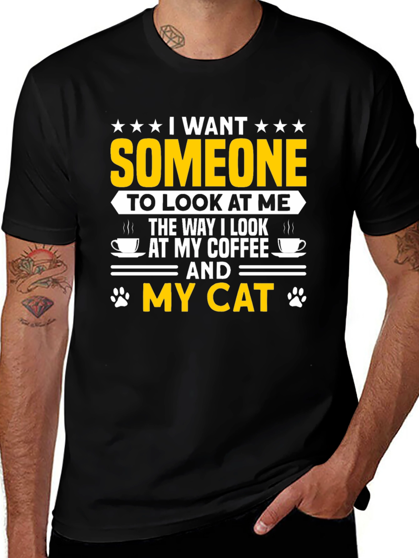 I Want Someone Cat & Coffee Black T-Shirt