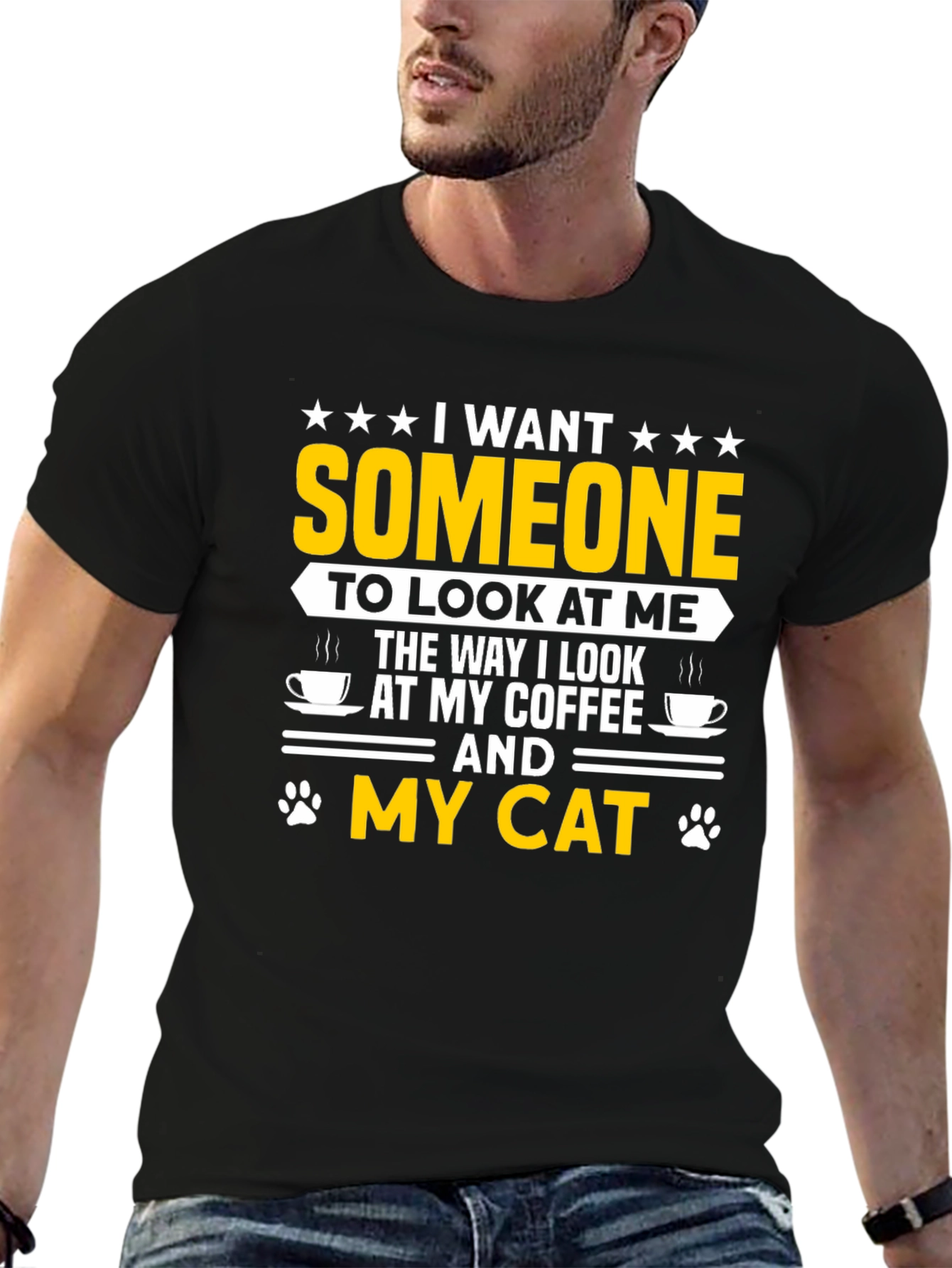 I Want Someone Cat & Coffee Black T-Shirt