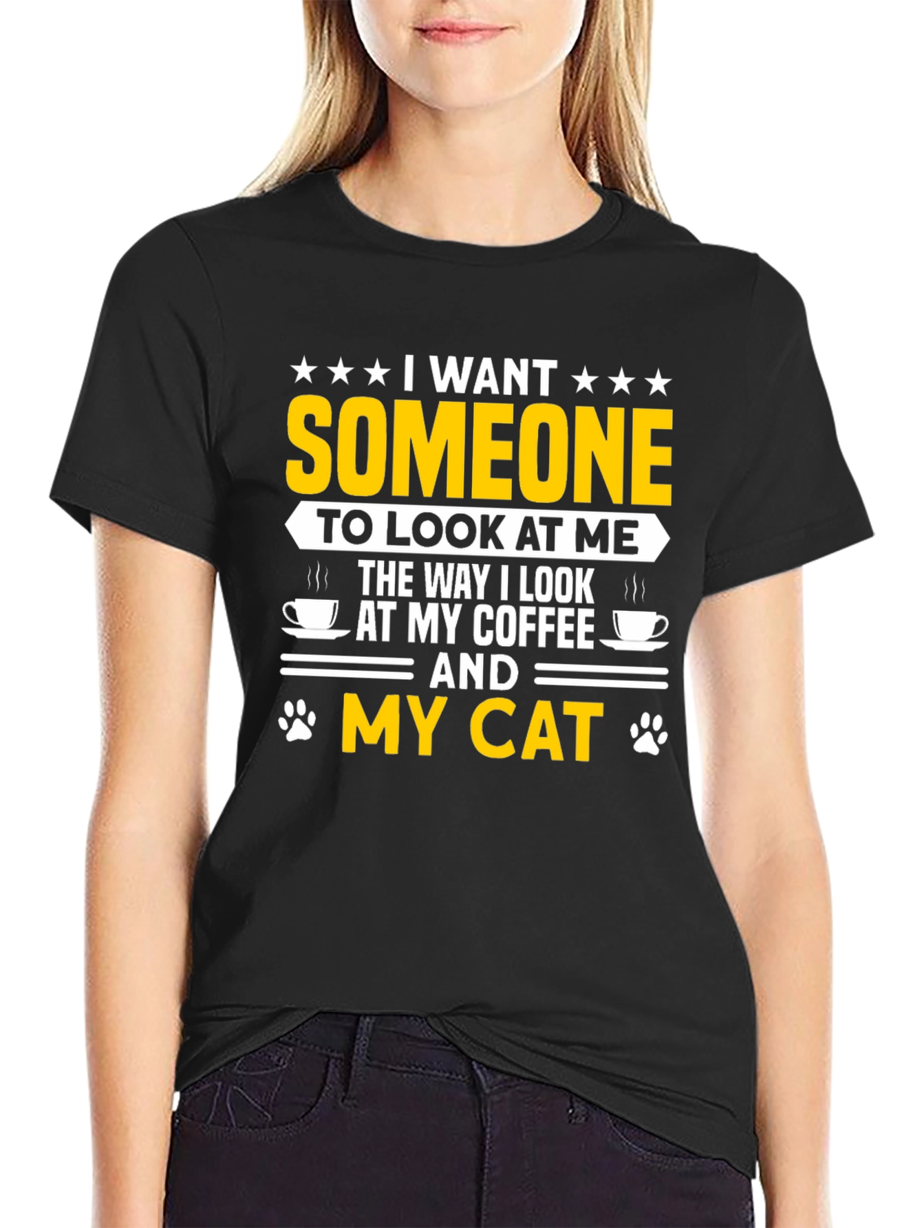 I Want Someone Cat & Coffee Black T-Shirt
