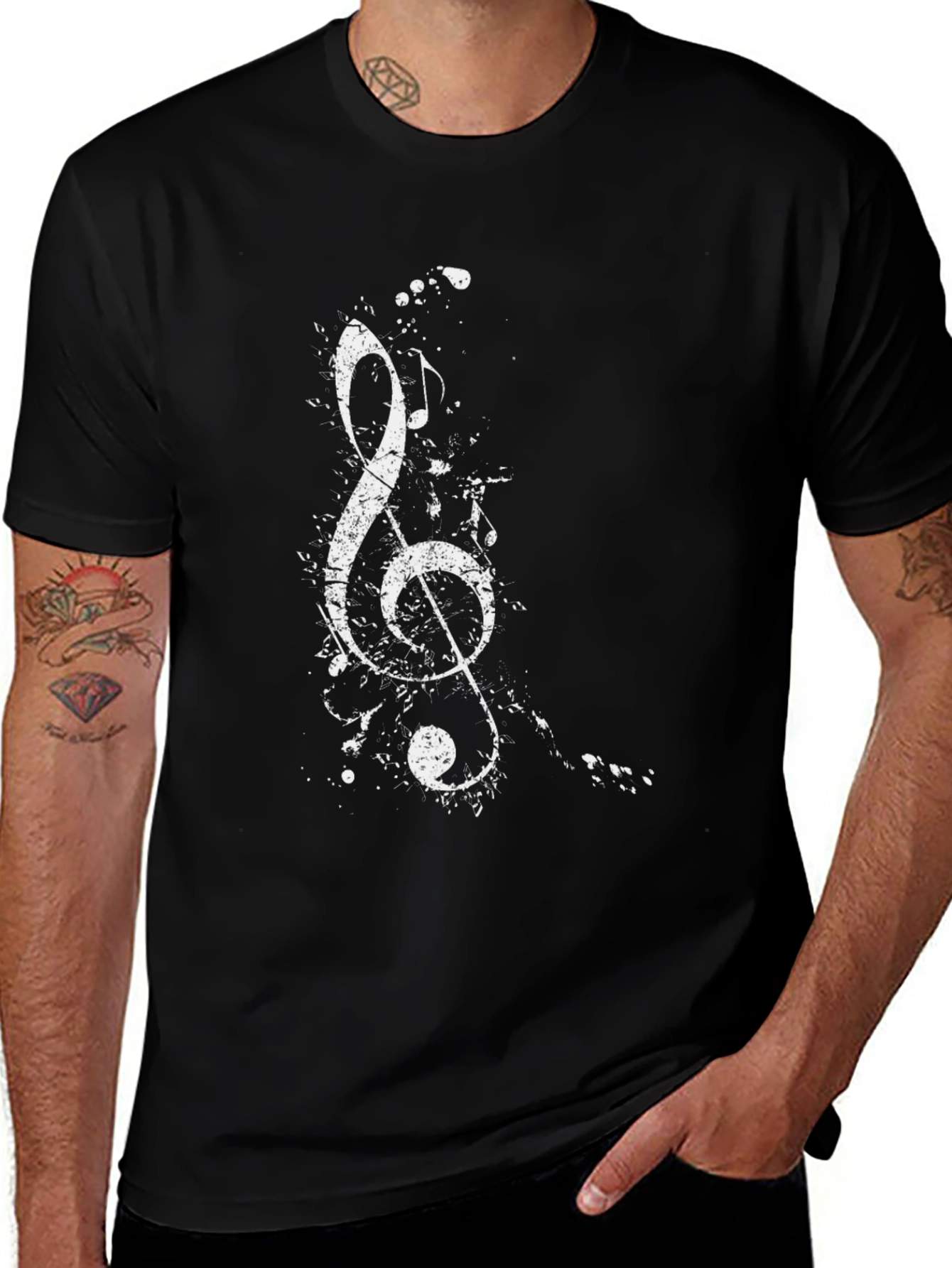 Music Note Splatter Graphic Tee - Black Casual T-Shirt