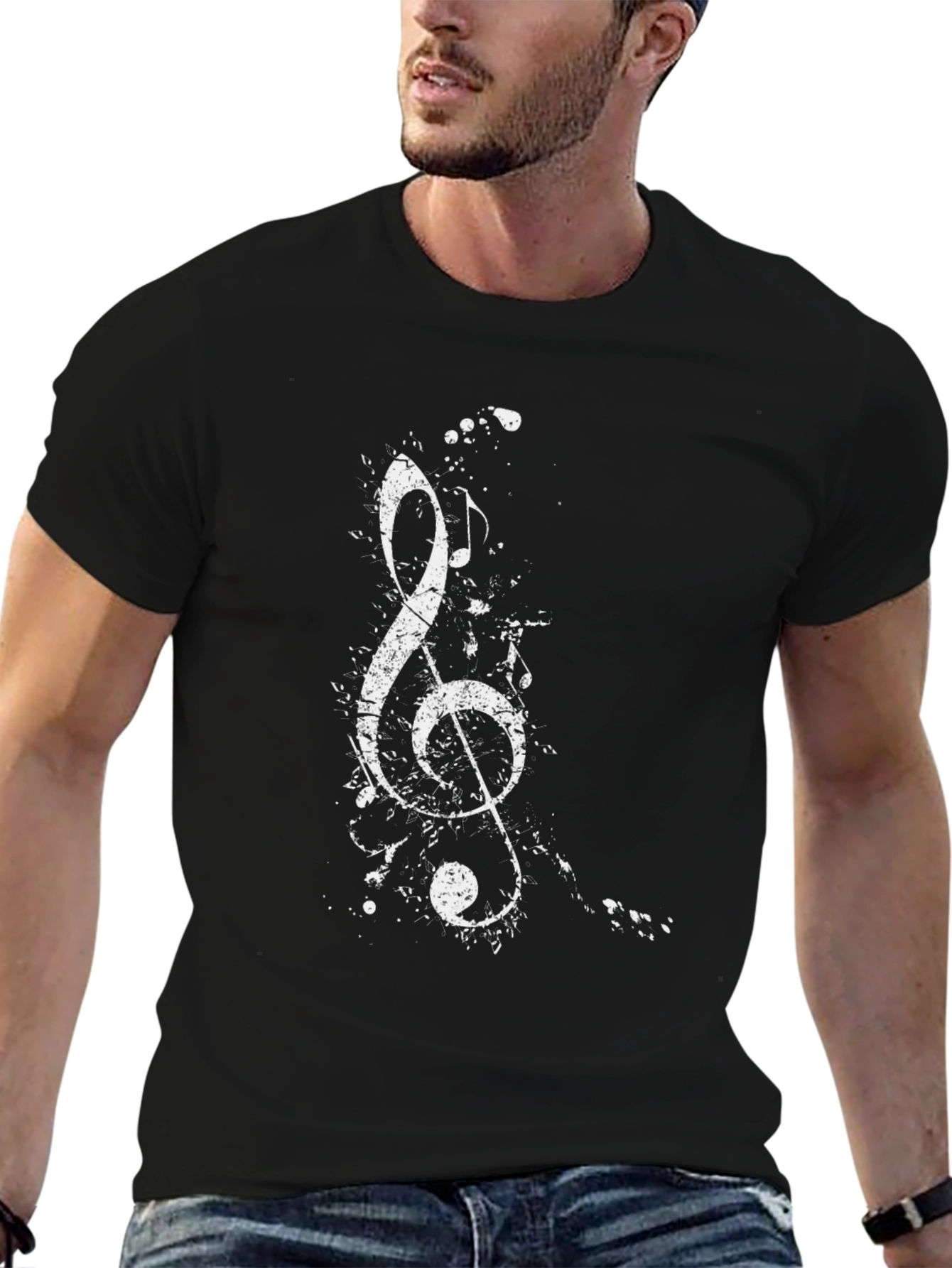 Music Note Splatter Graphic Tee - Black Casual T-Shirt