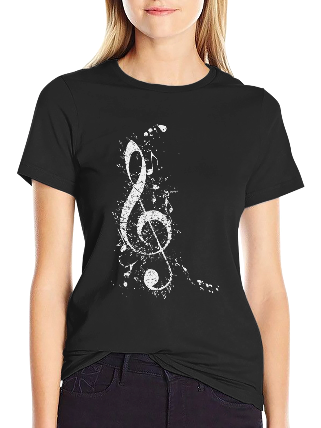 Music Note Splatter Graphic Tee - Black Casual T-Shirt