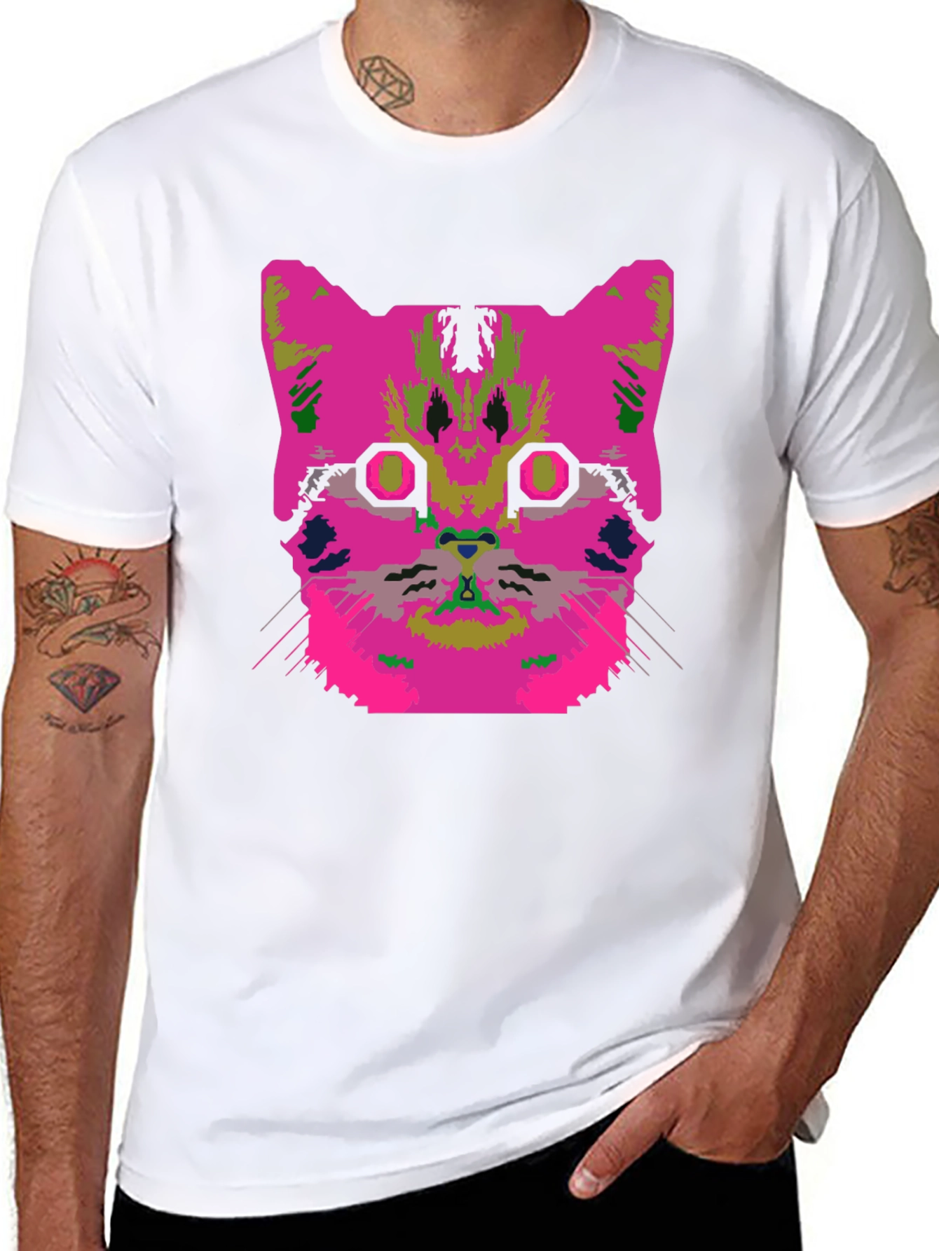 Vaporwave Cat Graphic T-Shirt - Black