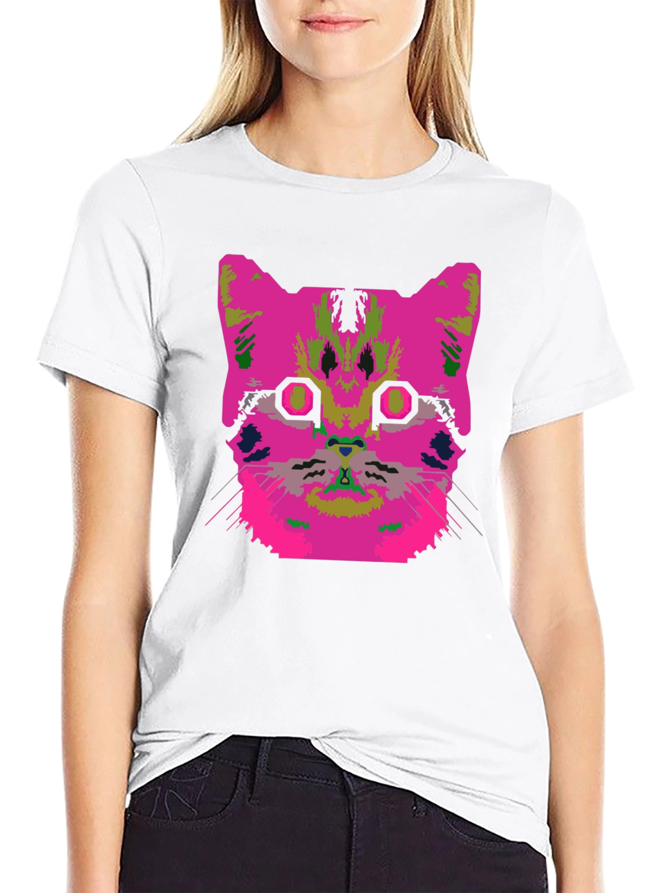 Vaporwave Cat Graphic T-Shirt - Black