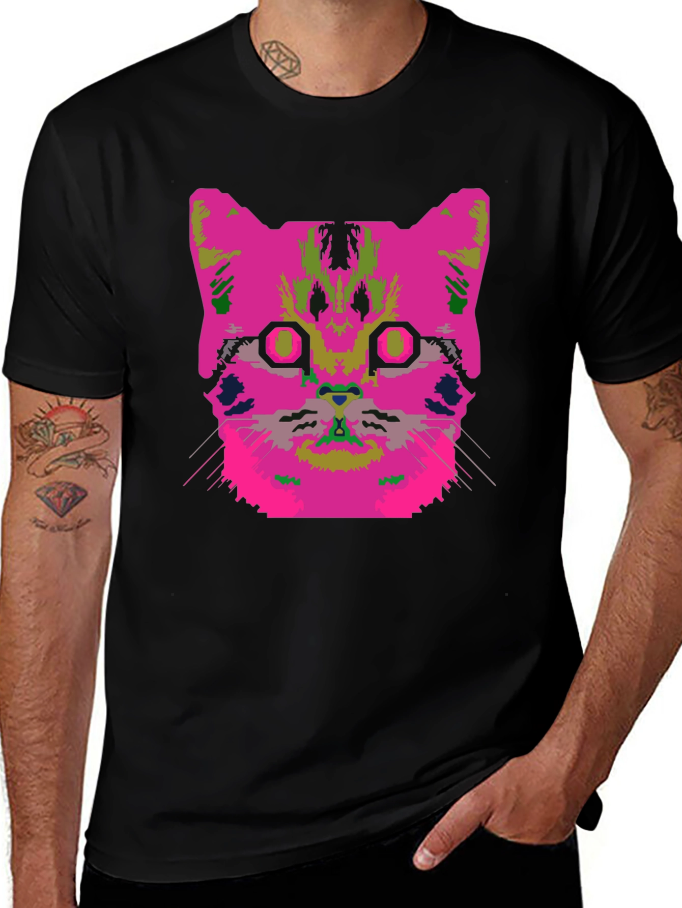 Vaporwave Cat Graphic T-Shirt - Black