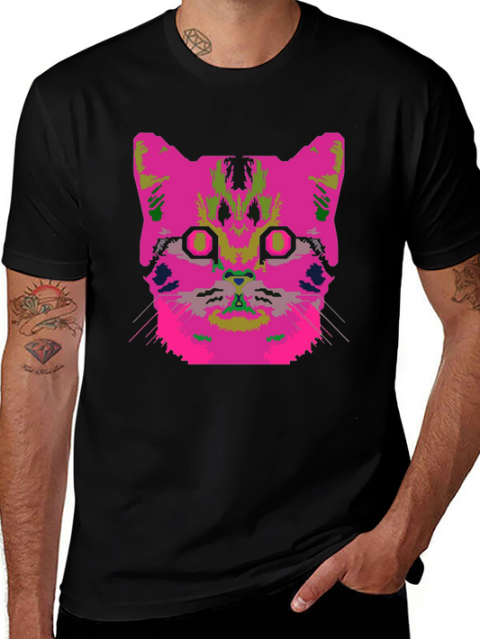 Vaporwave Cat Graphic T-Shirt - Black