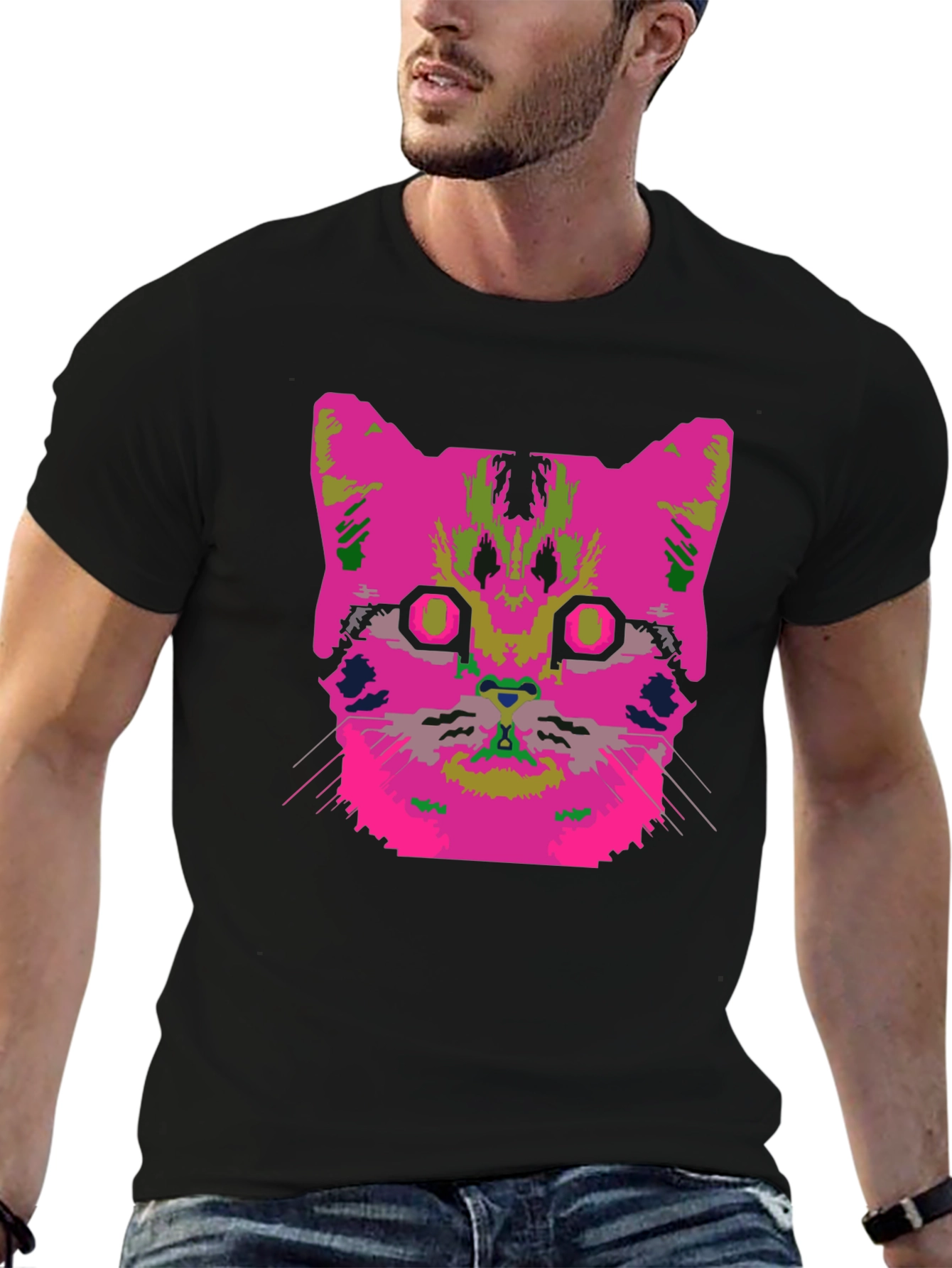 Vaporwave Cat Graphic T-Shirt - Black