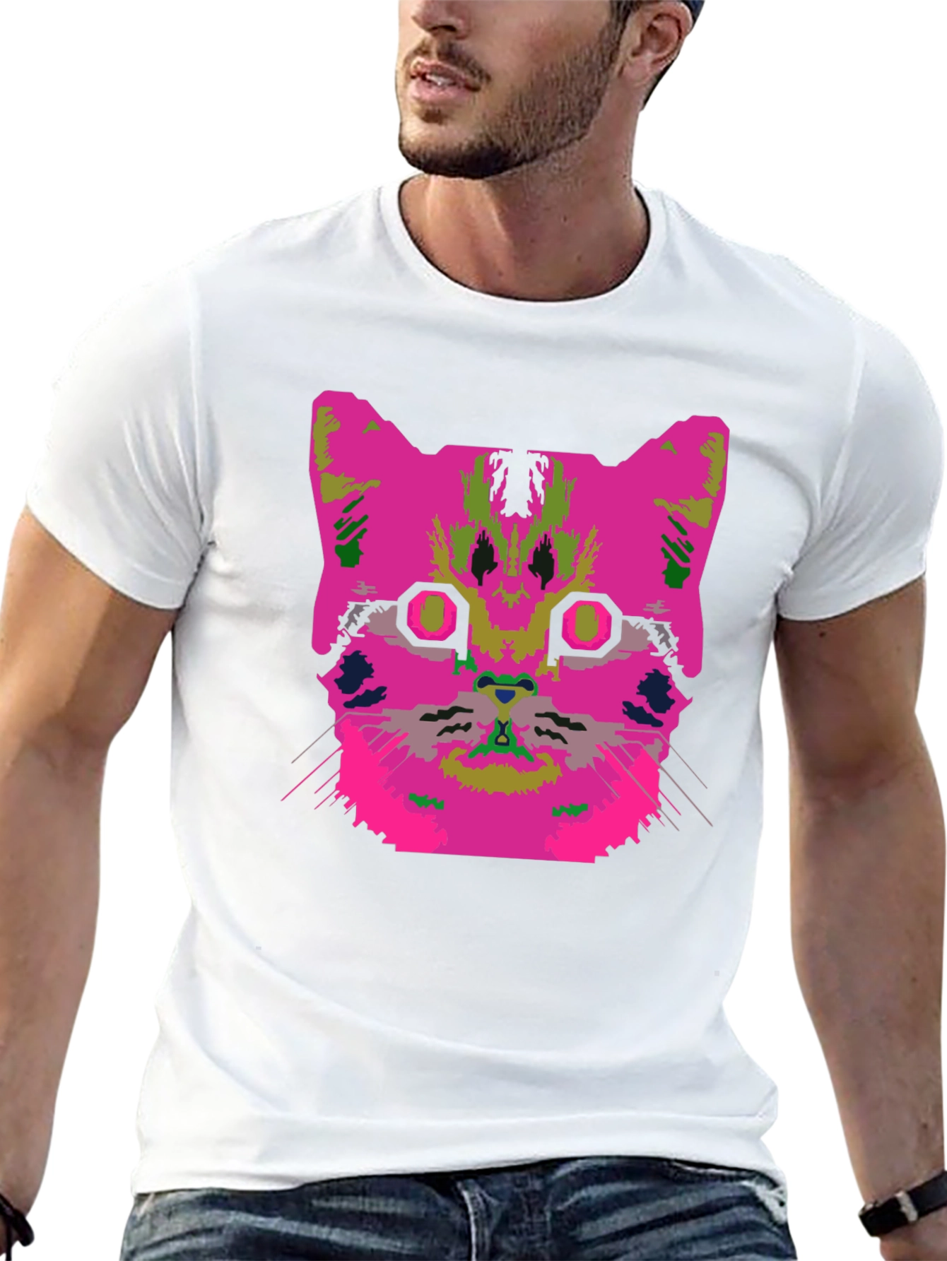 Vaporwave Cat Graphic T-Shirt - Black