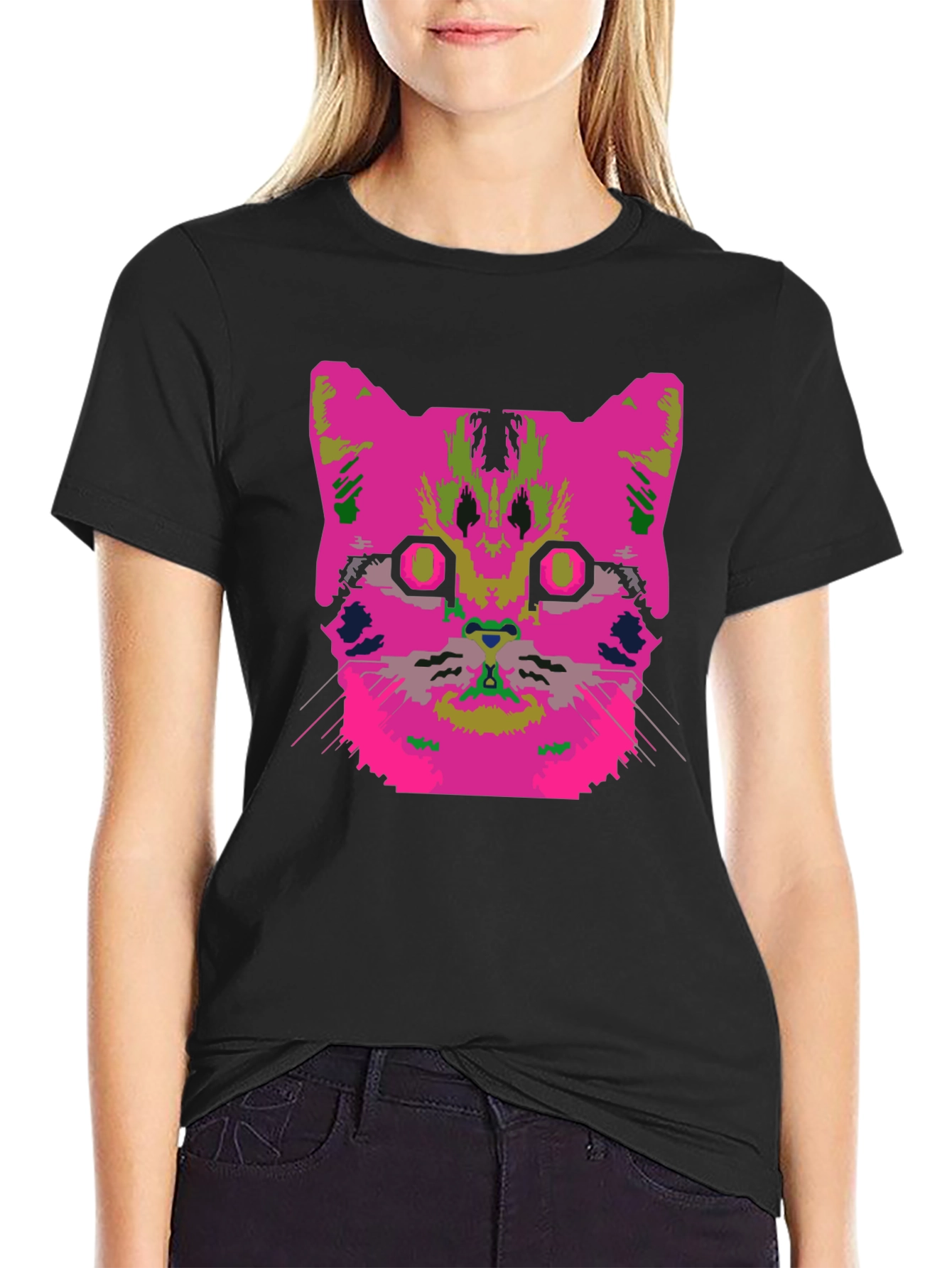Vaporwave Cat Graphic T-Shirt - Black