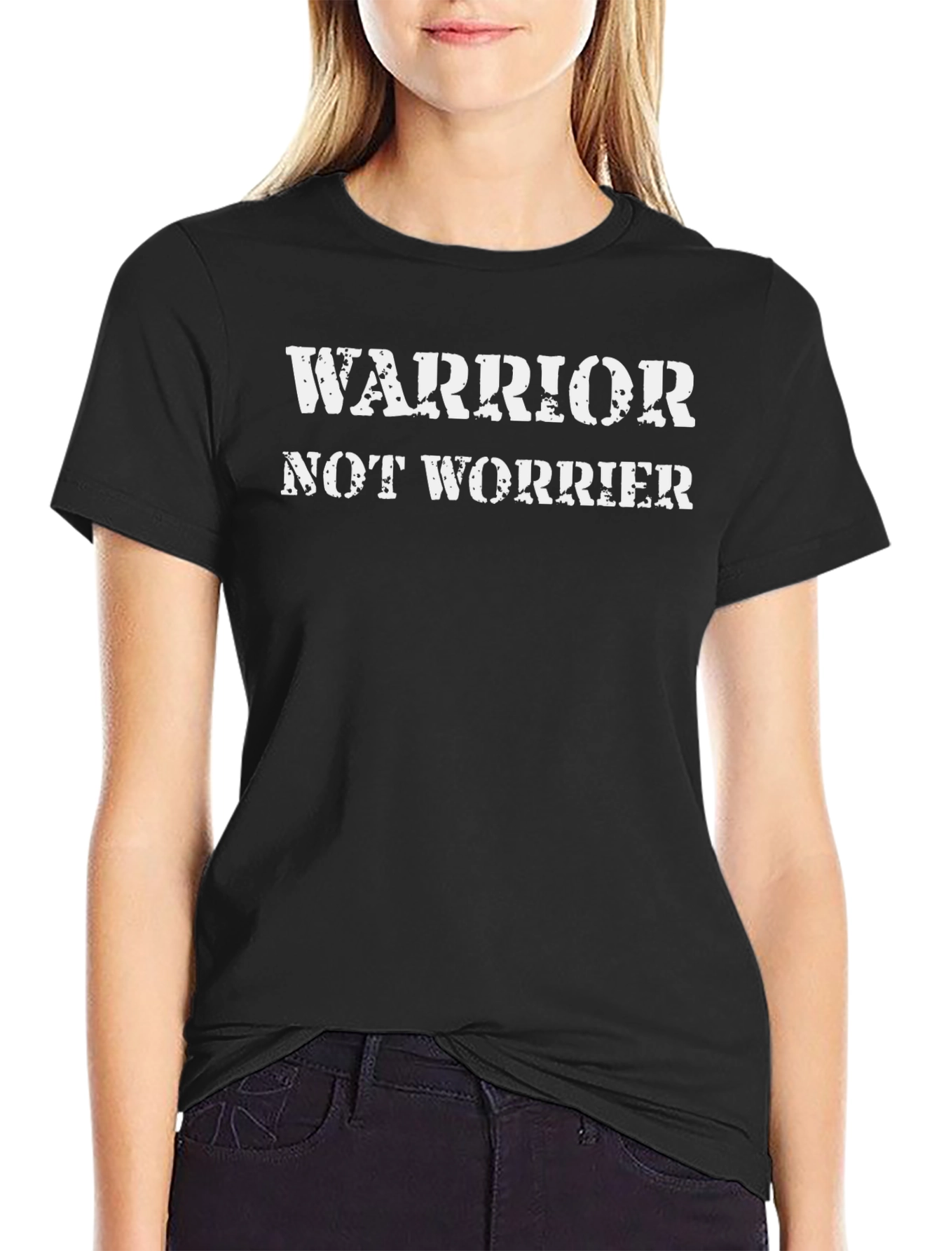Warrior Not Worrier Graphic Print Black T-Shirt
