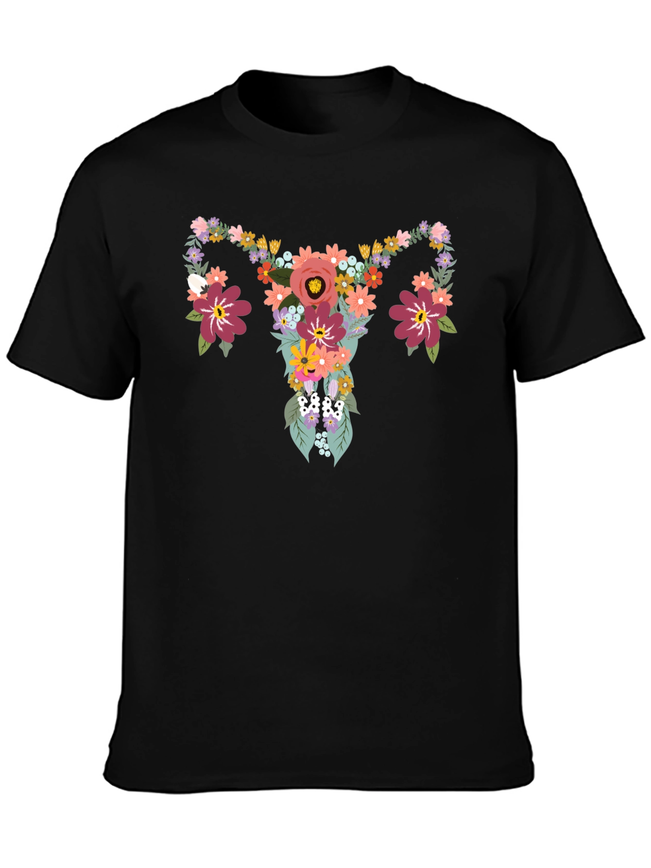 Floral Uterus Graphic Tee - Black Cotton T-Shirt