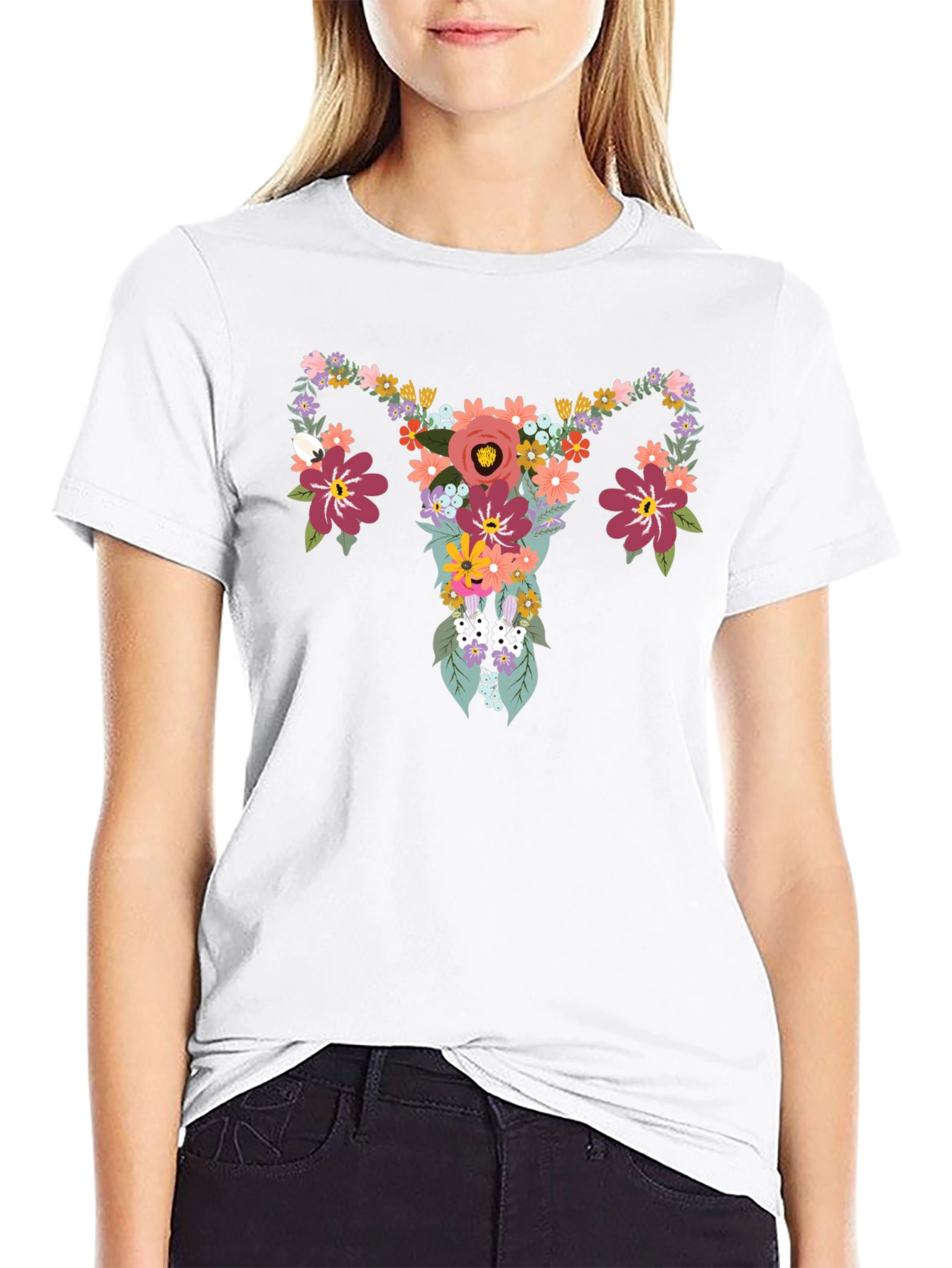 Floral Uterus Graphic Tee - Black Cotton T-Shirt