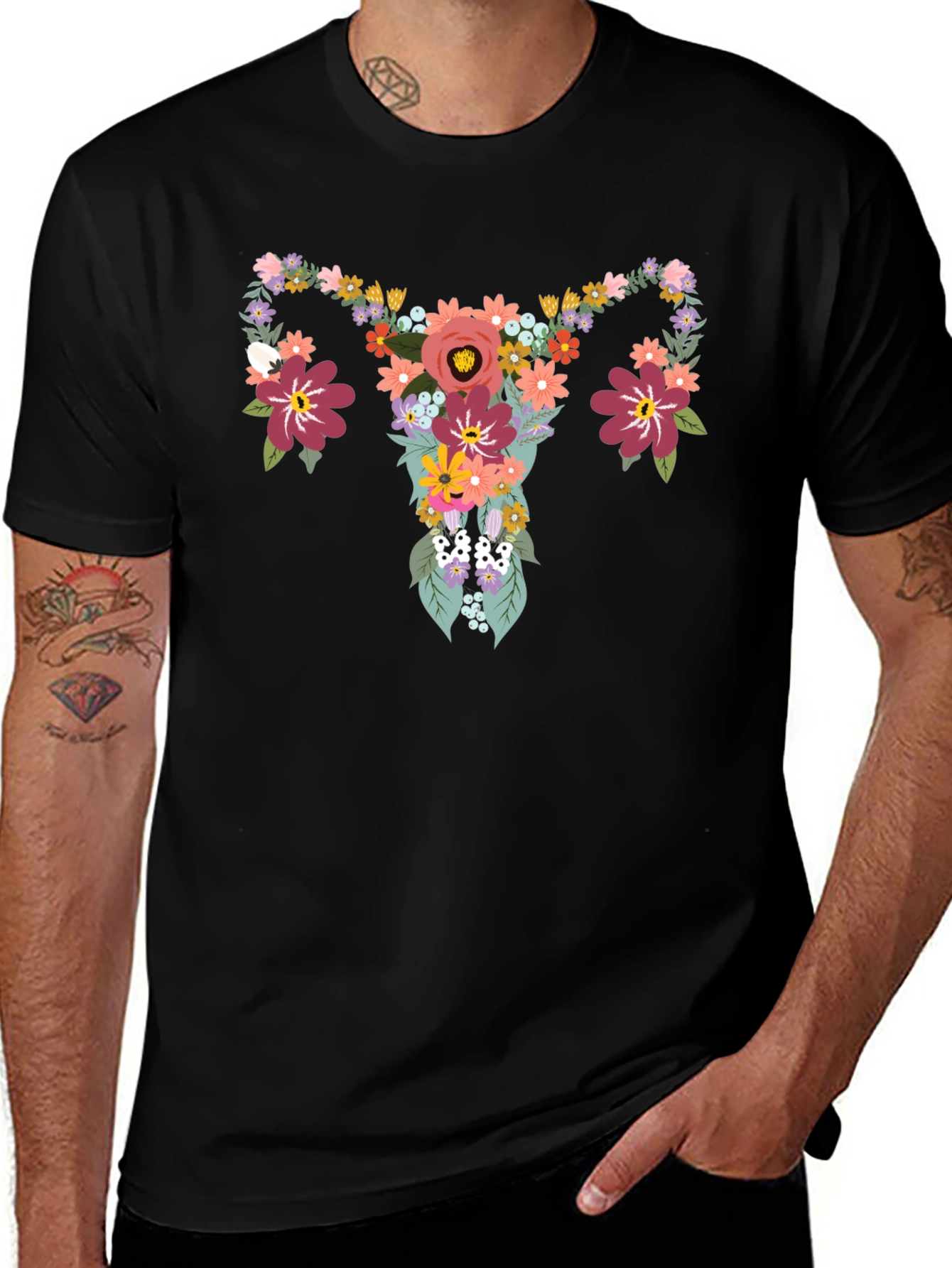Floral Uterus Graphic Tee - Black Cotton T-Shirt