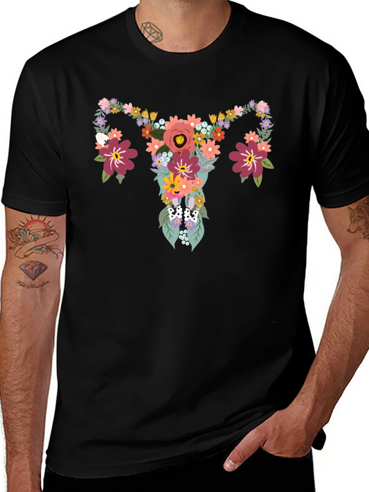 Floral Uterus Graphic Tee - Black Cotton T-Shirt