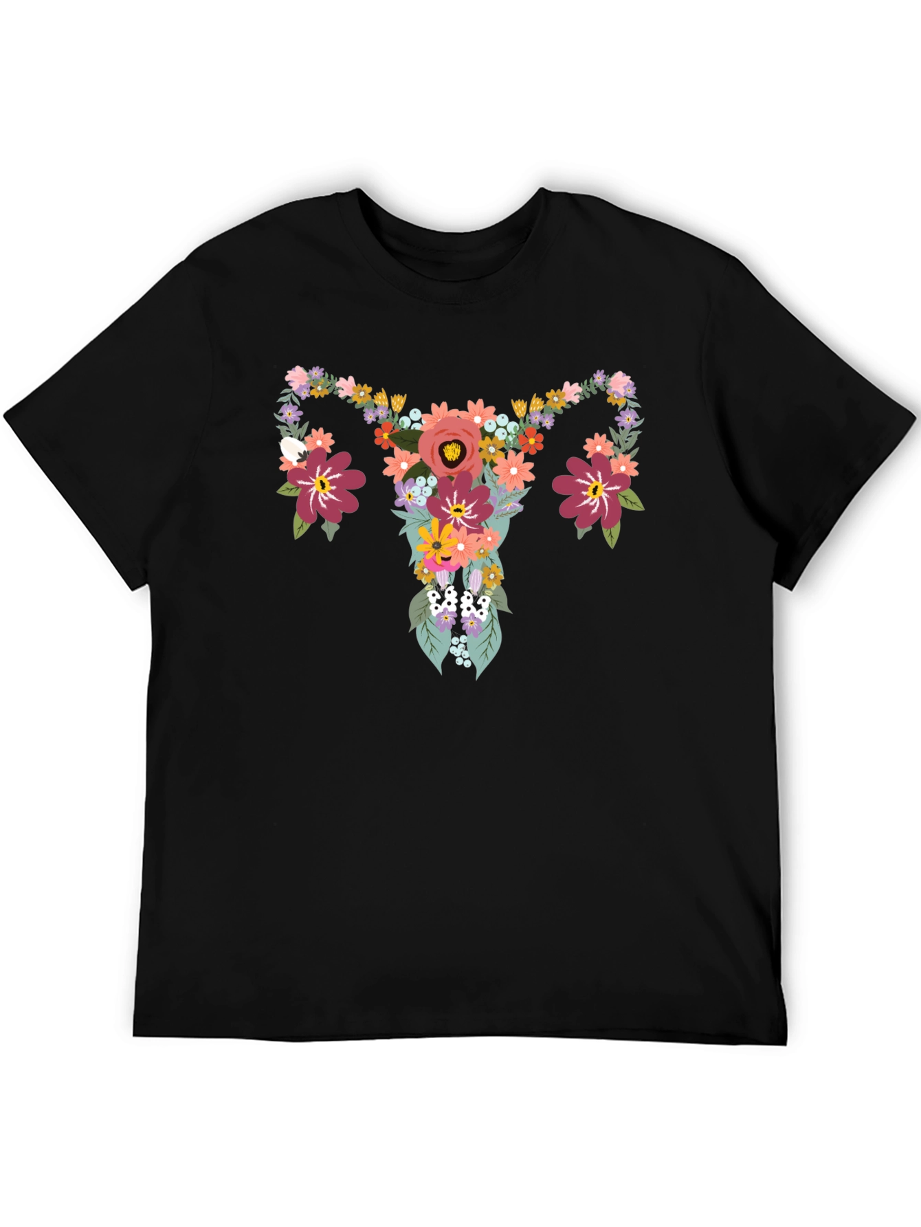 Floral Uterus Graphic Tee - Black Cotton T-Shirt