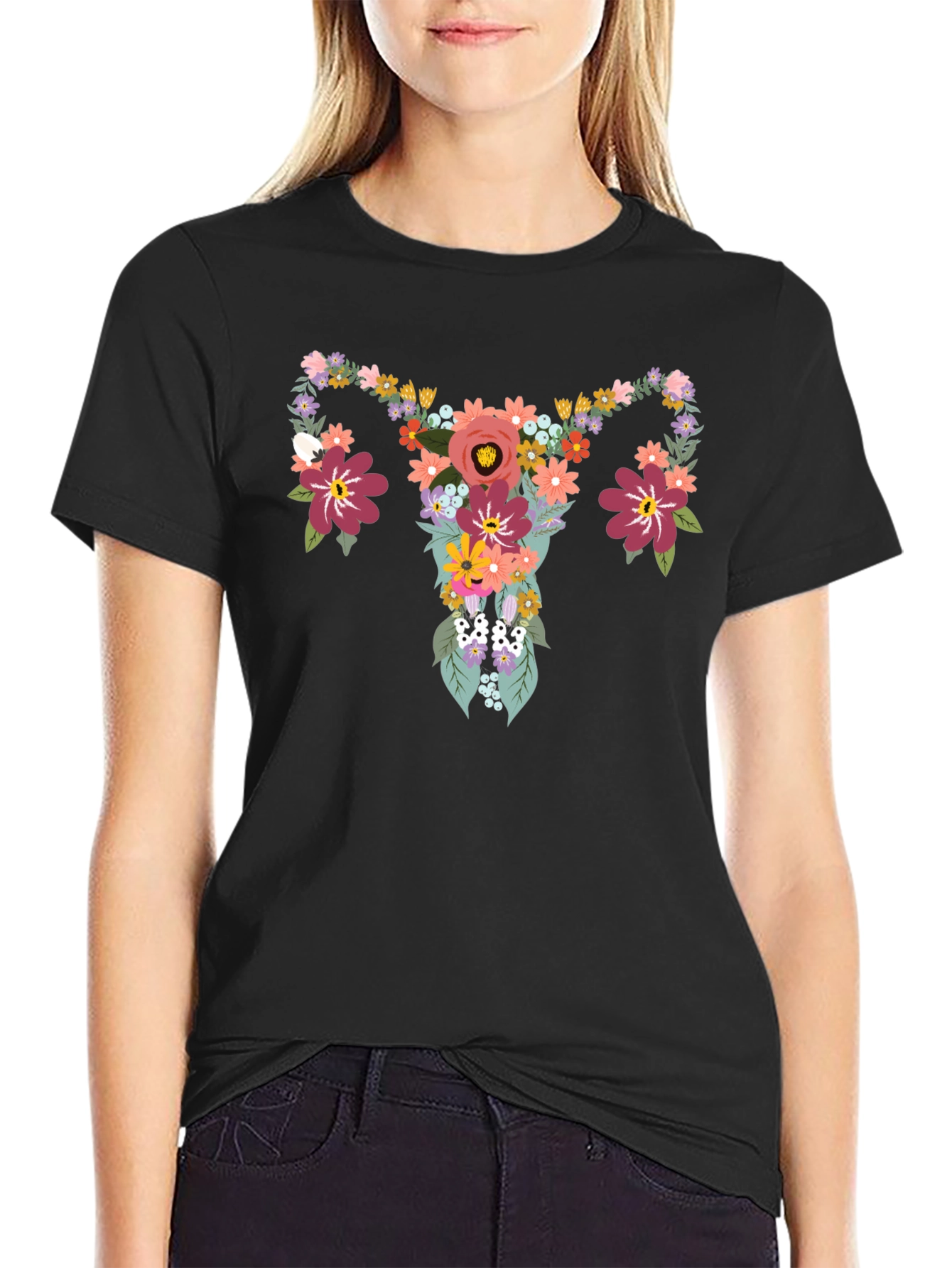 Floral Uterus Graphic Tee - Black Cotton T-Shirt