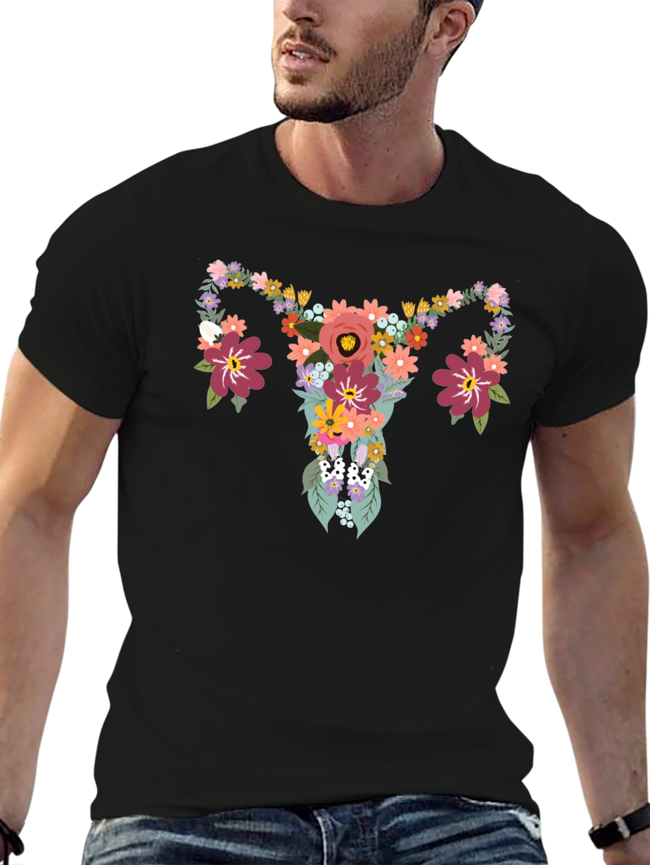 Floral Uterus Graphic Tee - Black Cotton T-Shirt