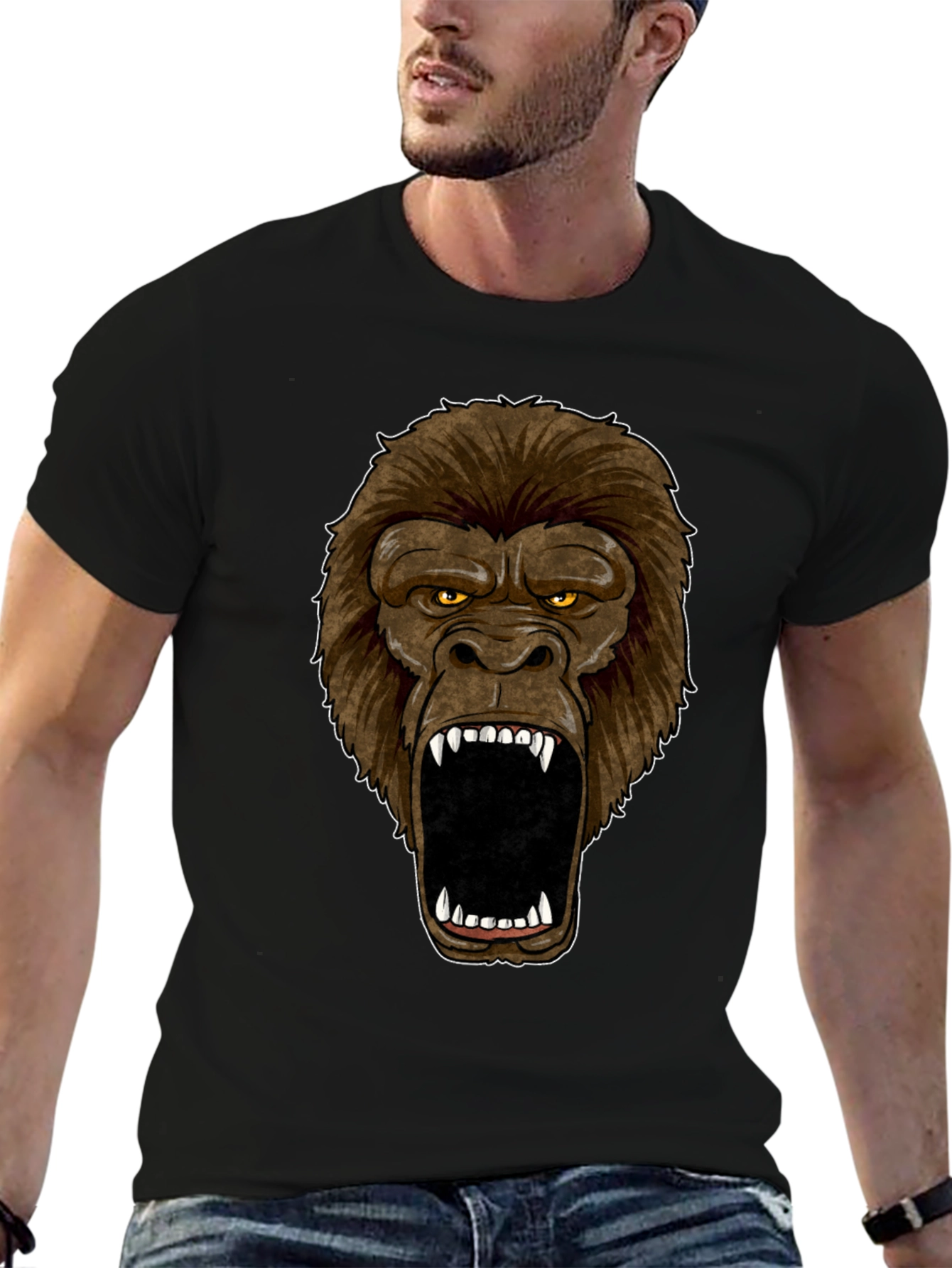 Angry Gorilla Face Graphic Print Black T-Shirt
