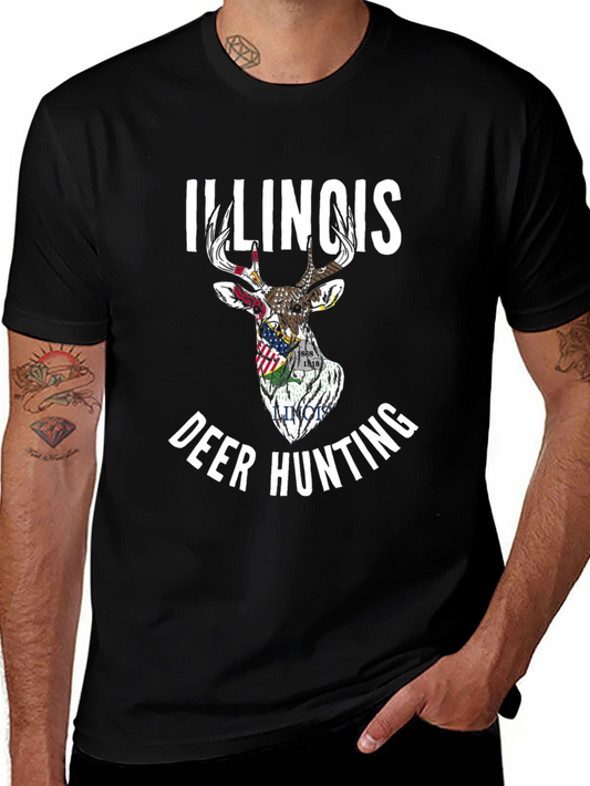 Illinois Deer Hunting T-Shirt State Flag Graphic Mens Black Tee