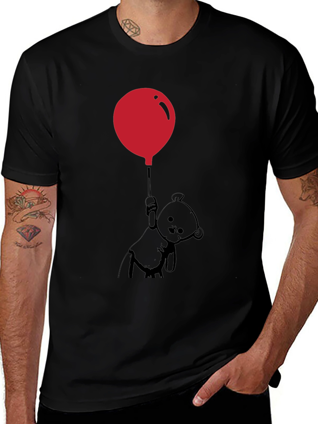 Whimsical Teddy Bear Balloon Graphic Tee - Black