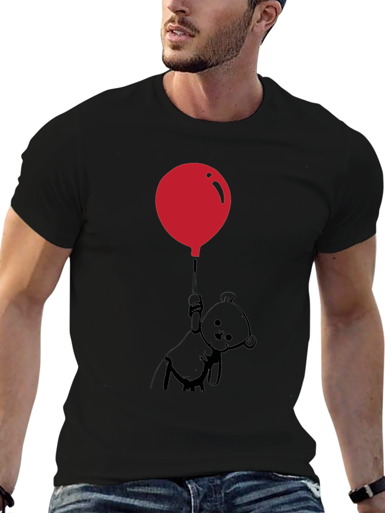 Whimsical Teddy Bear Balloon Graphic Tee - Black
