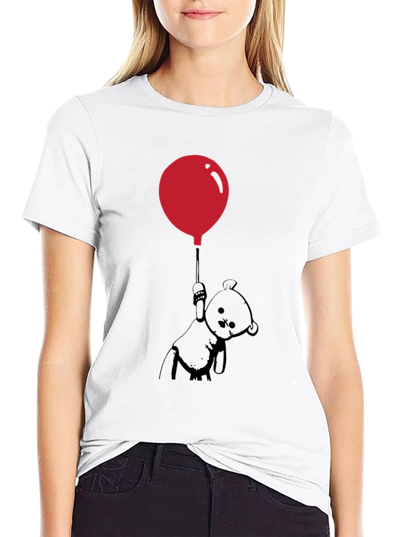 Whimsical Teddy Bear Balloon Graphic Tee - Black