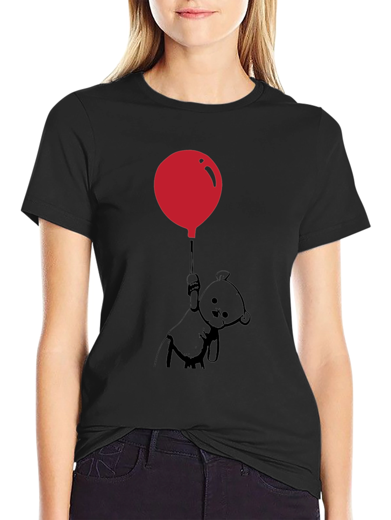 Whimsical Teddy Bear Balloon Graphic Tee - Black