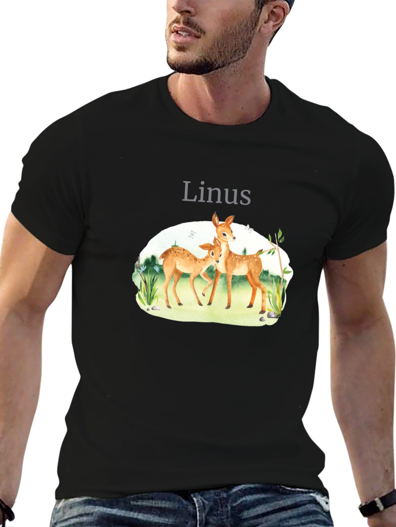 Linus Deer Graphic Tee - Black Cotton Blend T-Shirt