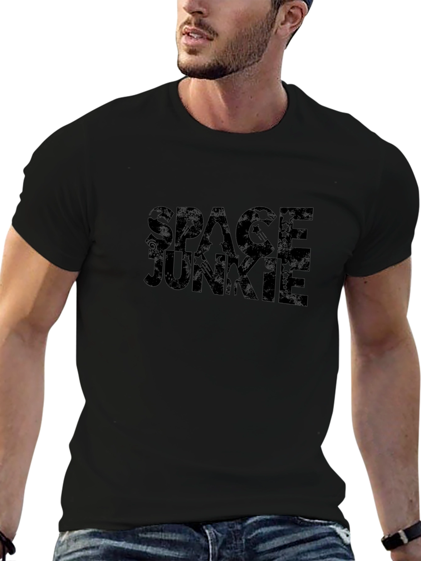 Space Junkie Graphic Print Black T-Shirt