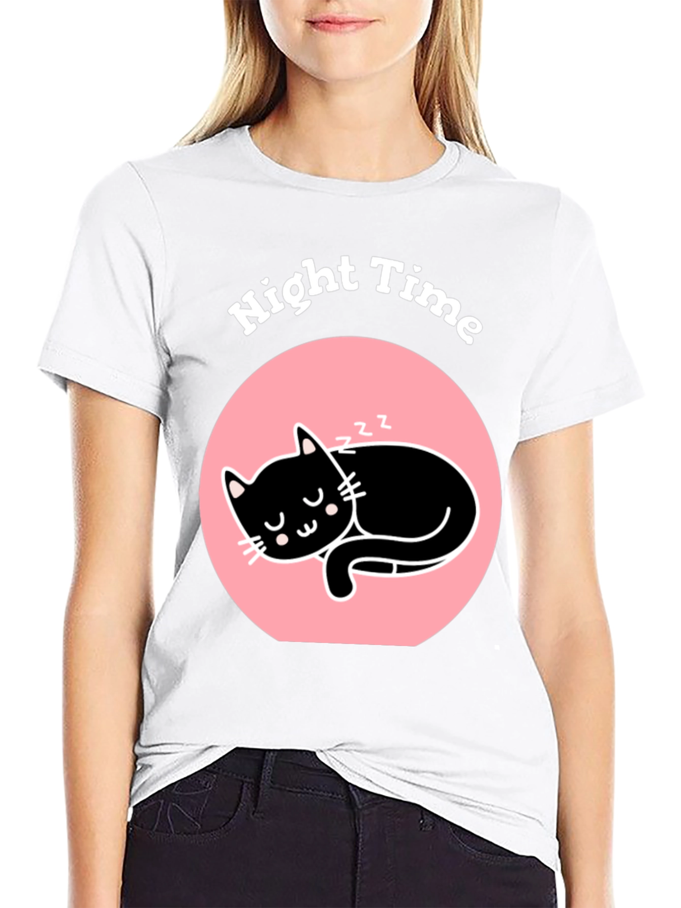 Night Time Sleeping Cat Graphic T-Shirt